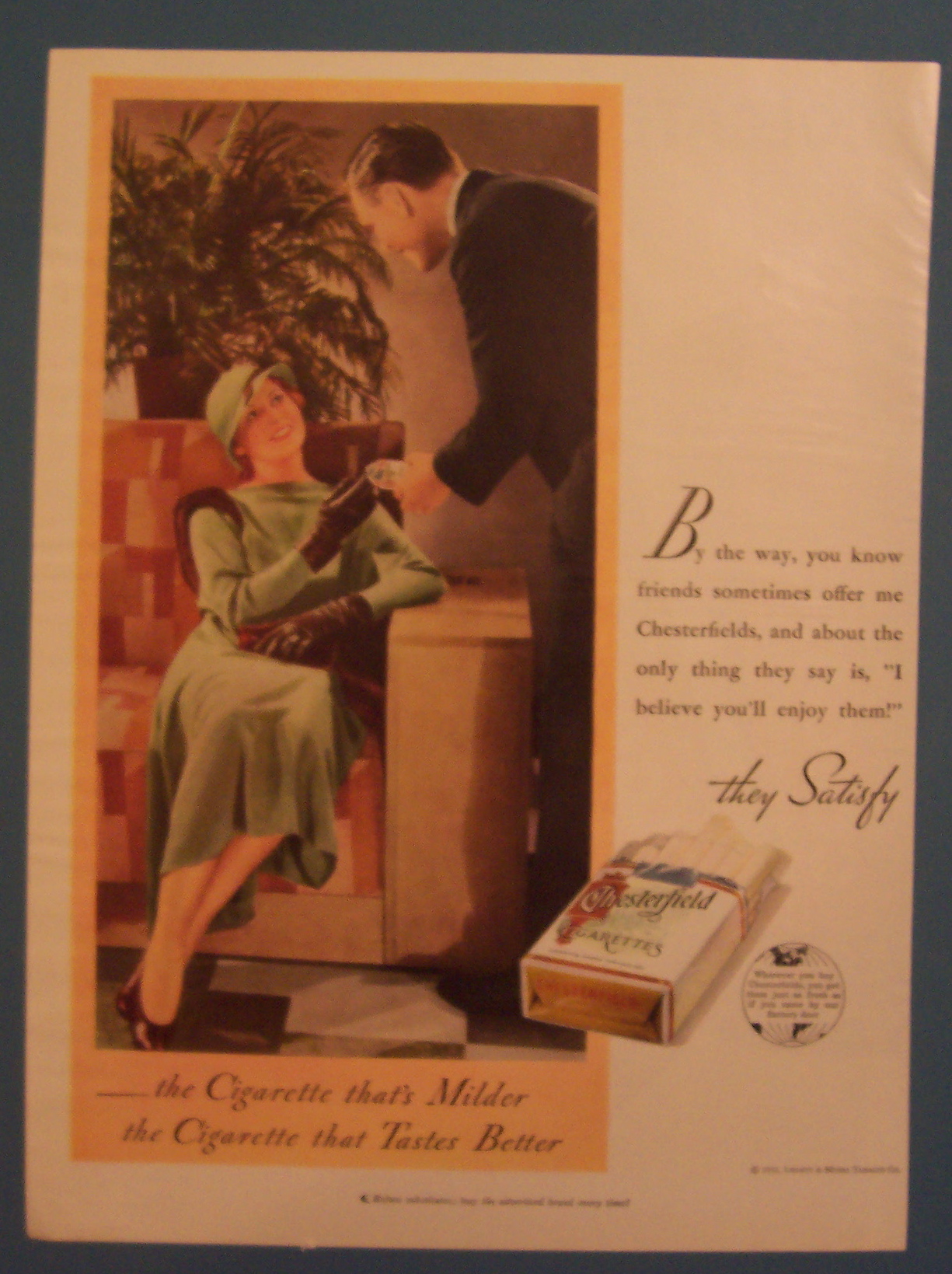 1933 Chesterfield Cigarettes w/Woman Taking Cigarette