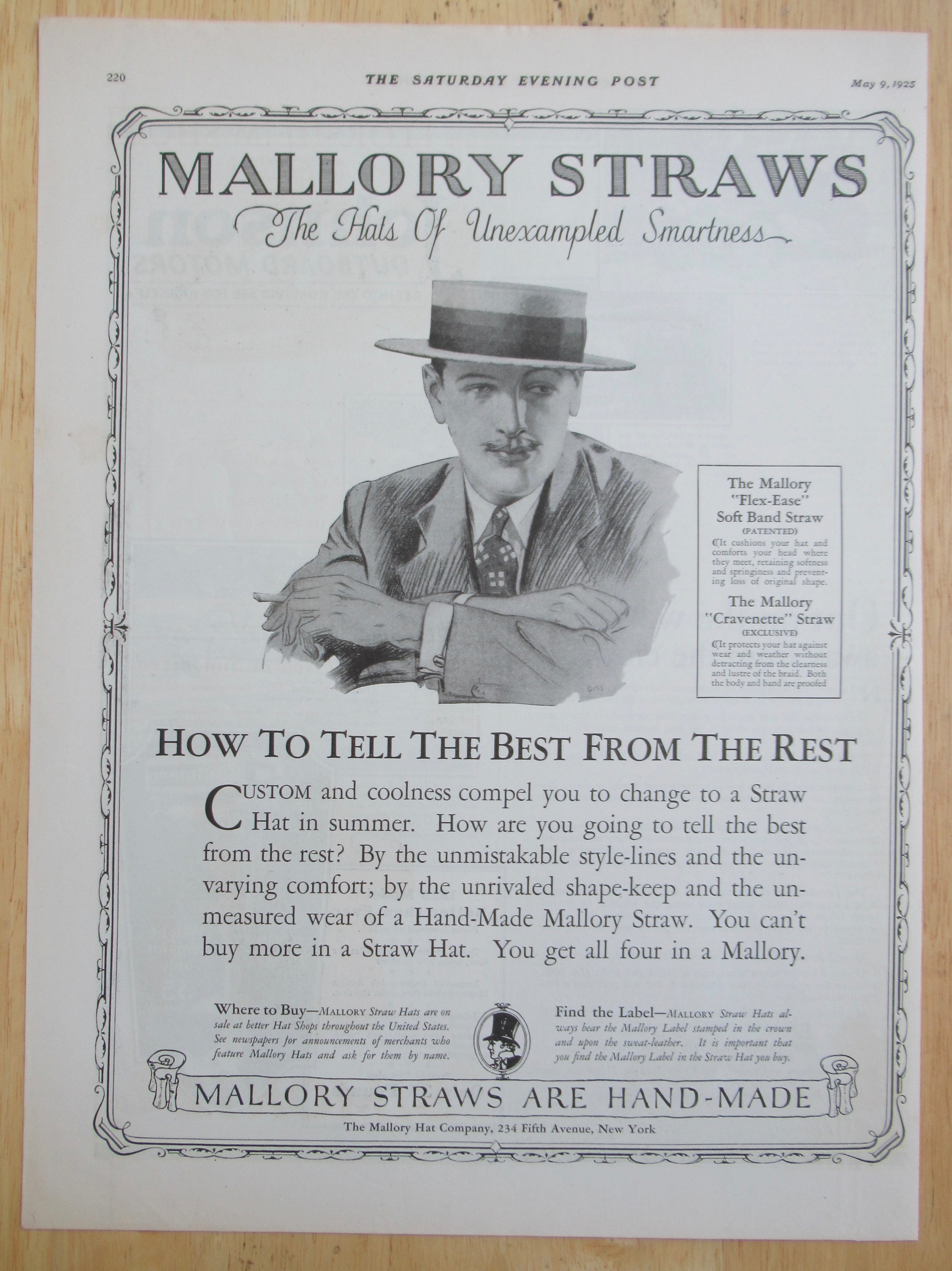 1925 Mallory Straw Hats with Man Wearing Straw Hat