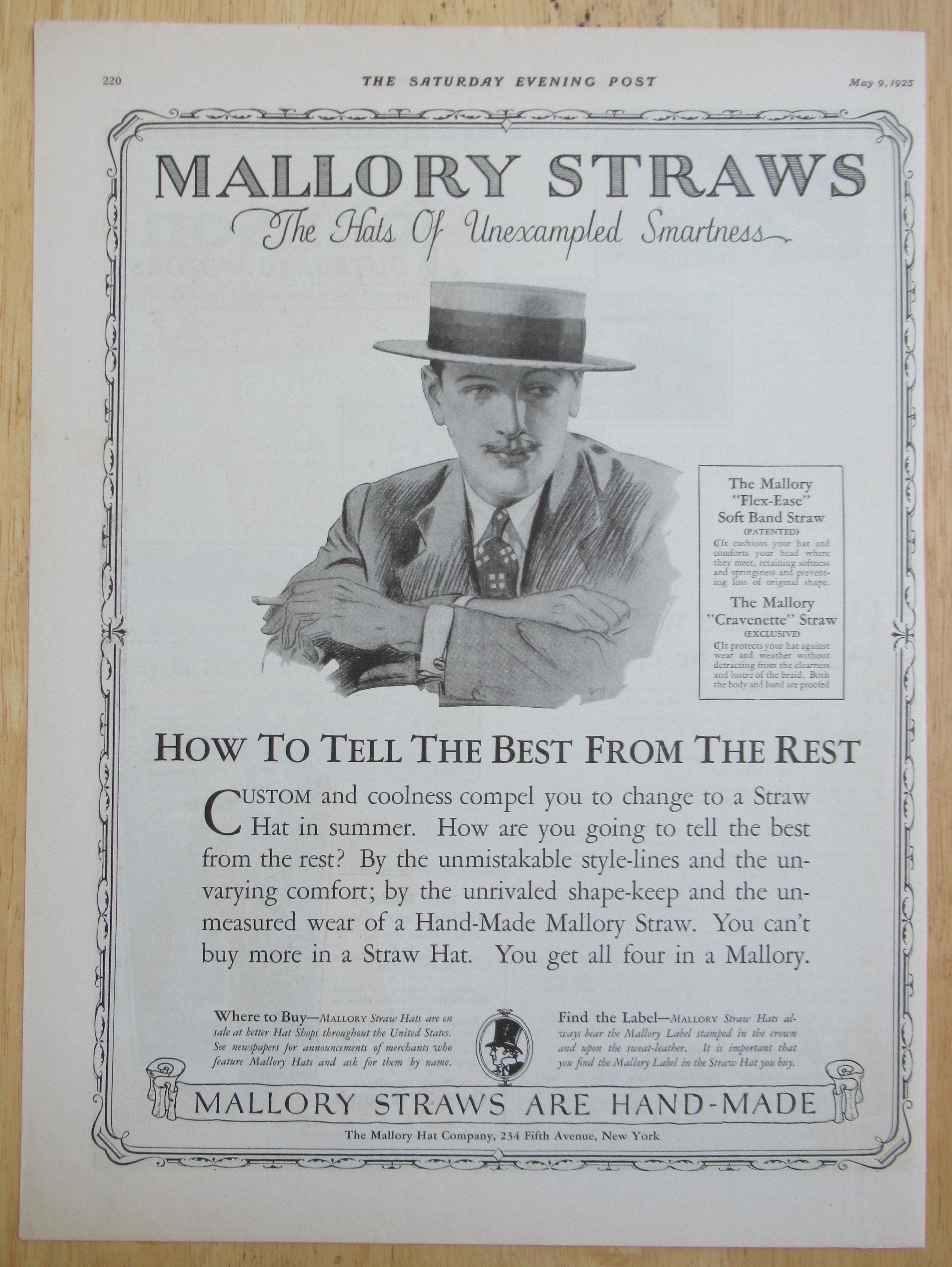 1925 Mallory Straw Hats with Man Wearing Straw Hat