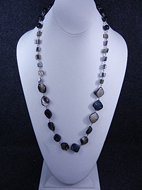 Mother of Pearl & Wood Silver chain Linked Necklace