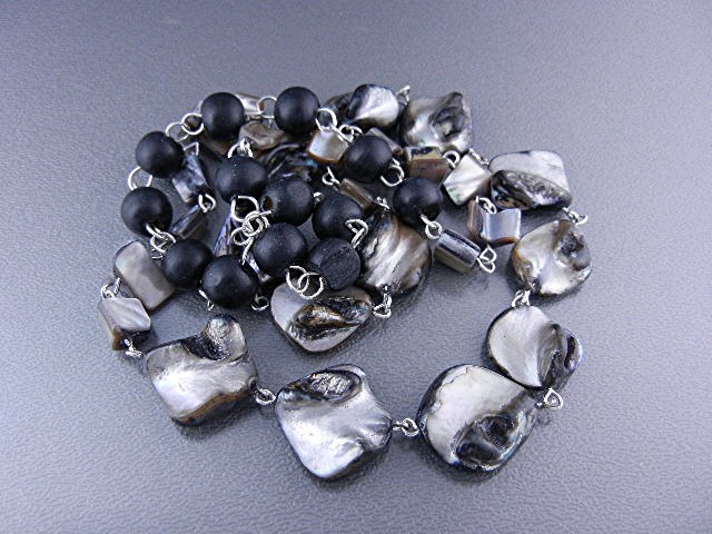 Mother of Pearl & Wood Silver chain Linked Necklace