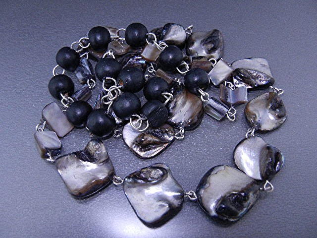 Mother of Pearl & Wood Silver chain Linked Necklace