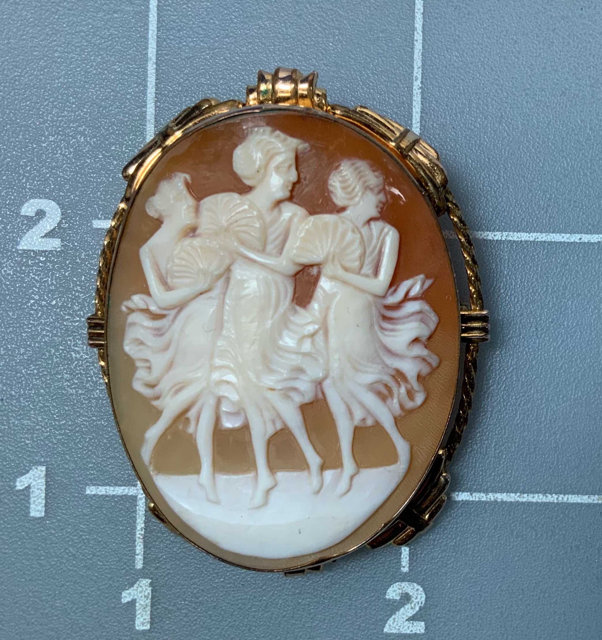 Cameo Carved 3 Graces in Gold Frame Brooch