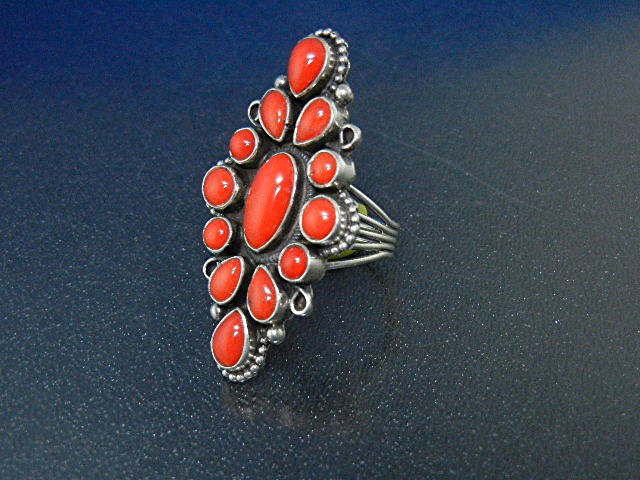 Navajo Mediterranean Coral Sterling Silver Ring Signed