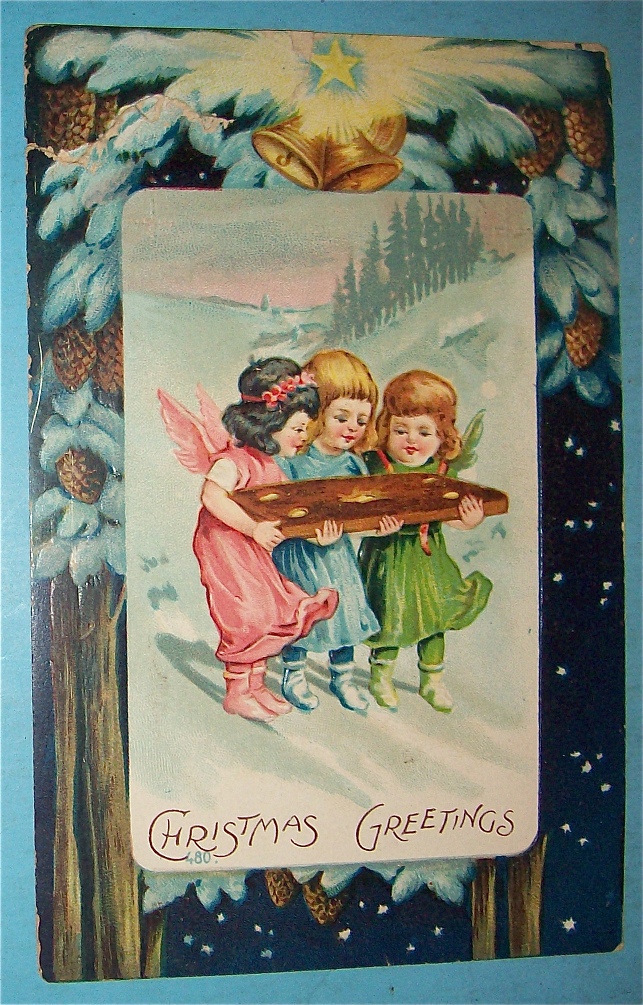 Christmas Greetings Postcard With Three Little Angels