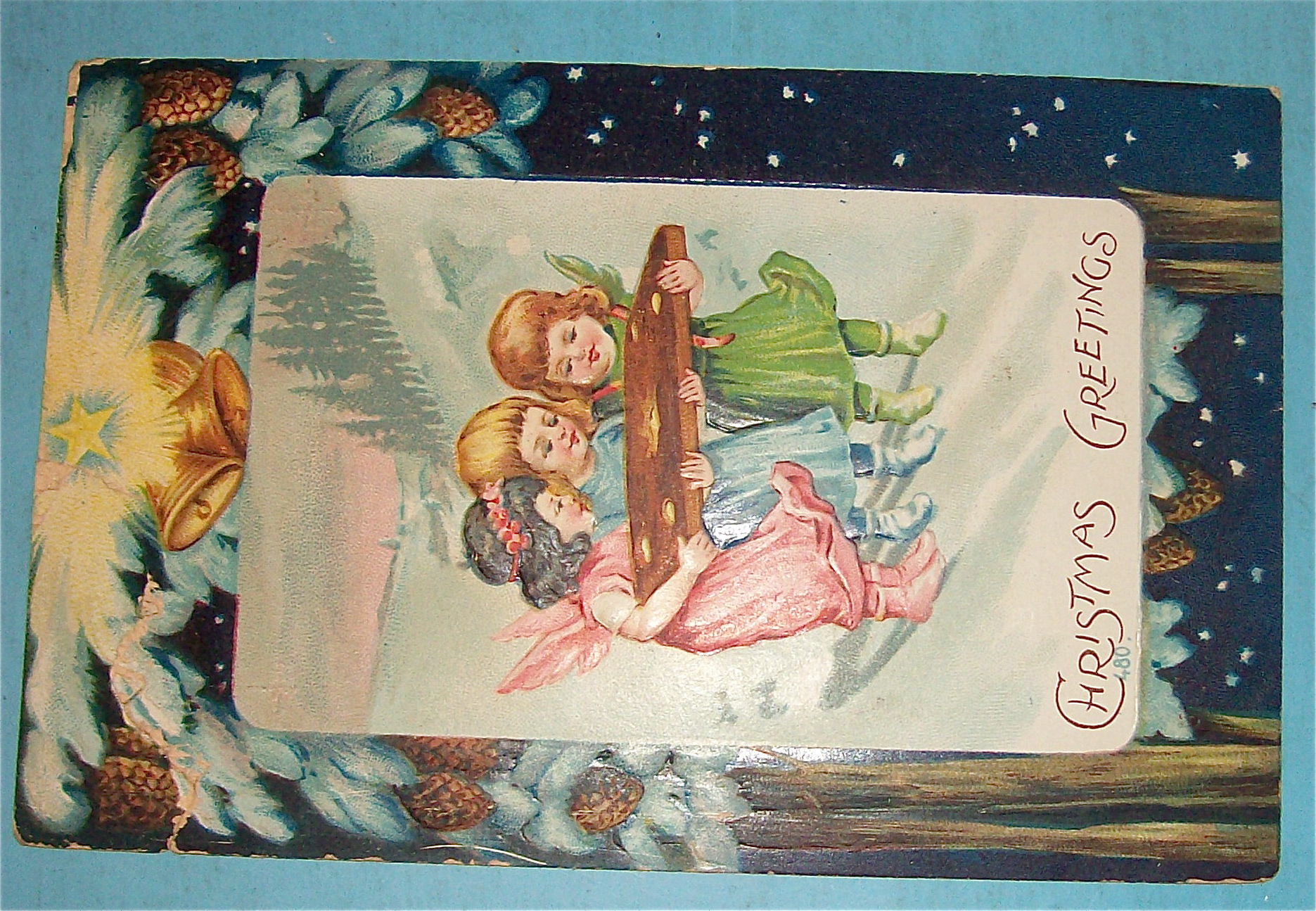 Christmas Greetings Postcard With Three Little Angels