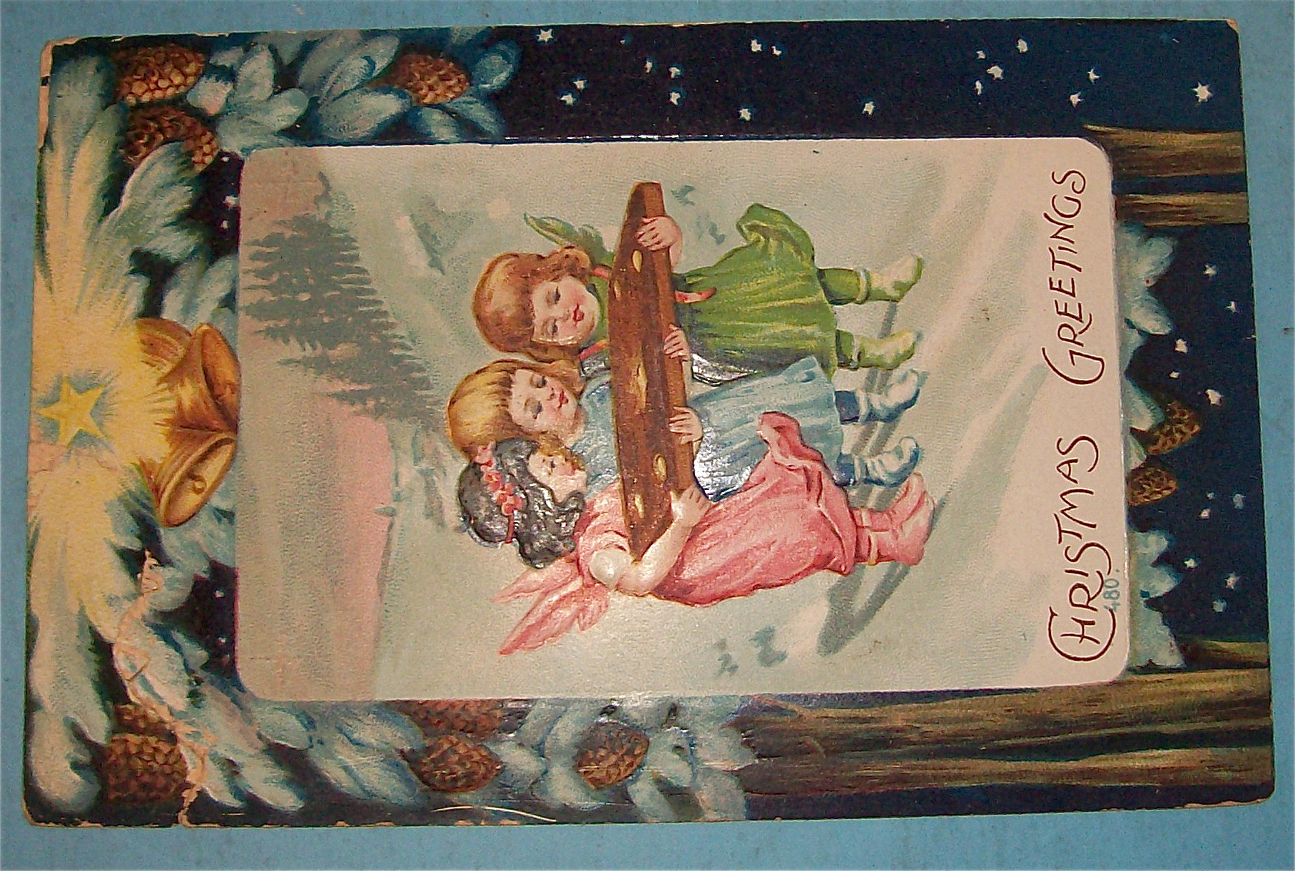 Christmas Greetings Postcard With Three Little Angels