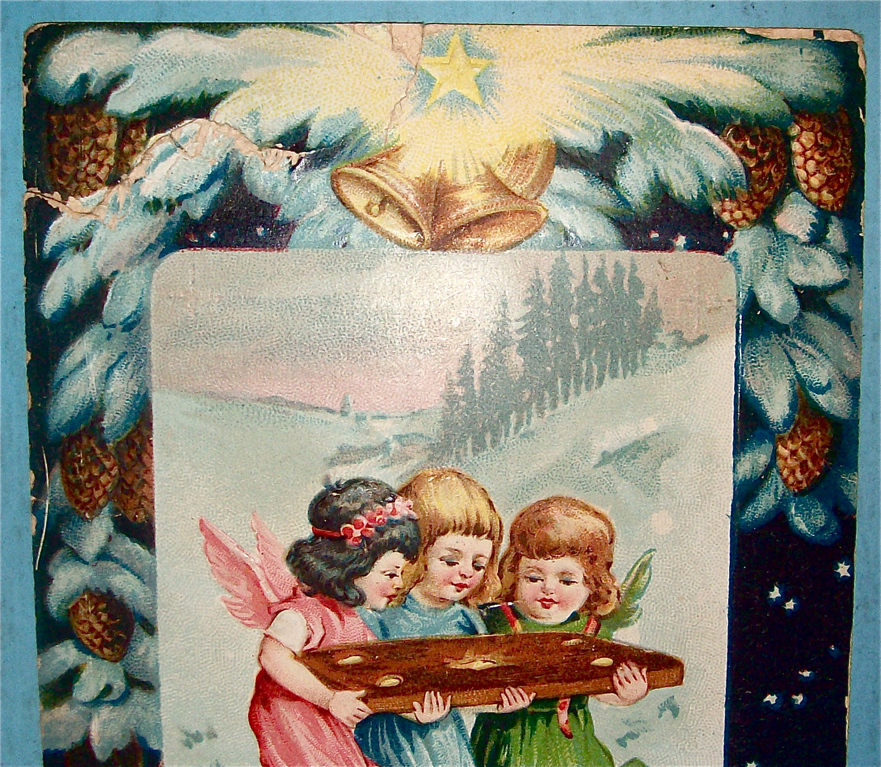 Christmas Greetings Postcard With Three Little Angels