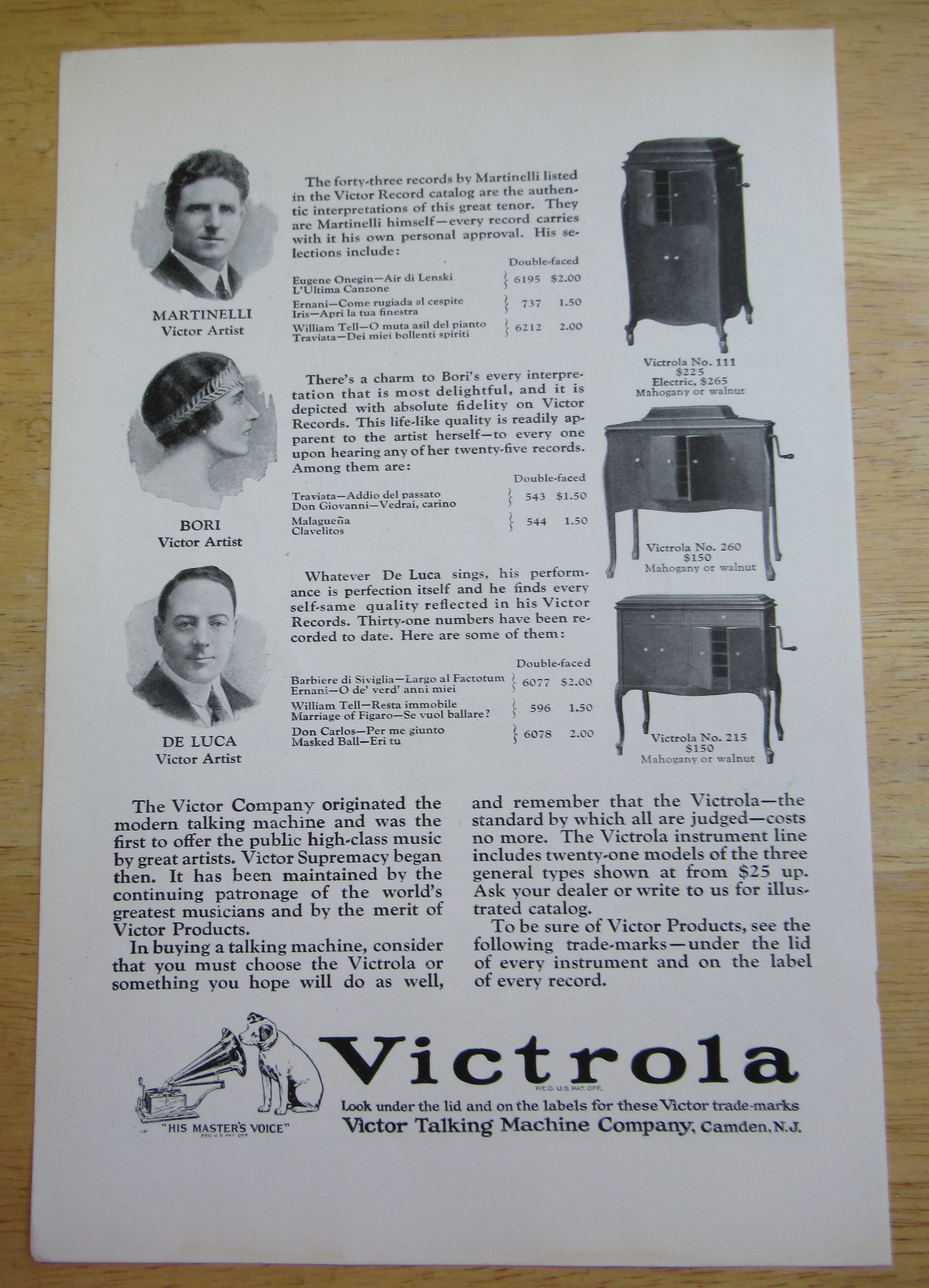 1924 Victrola Talking Machines w/ Bori, De Luca & More