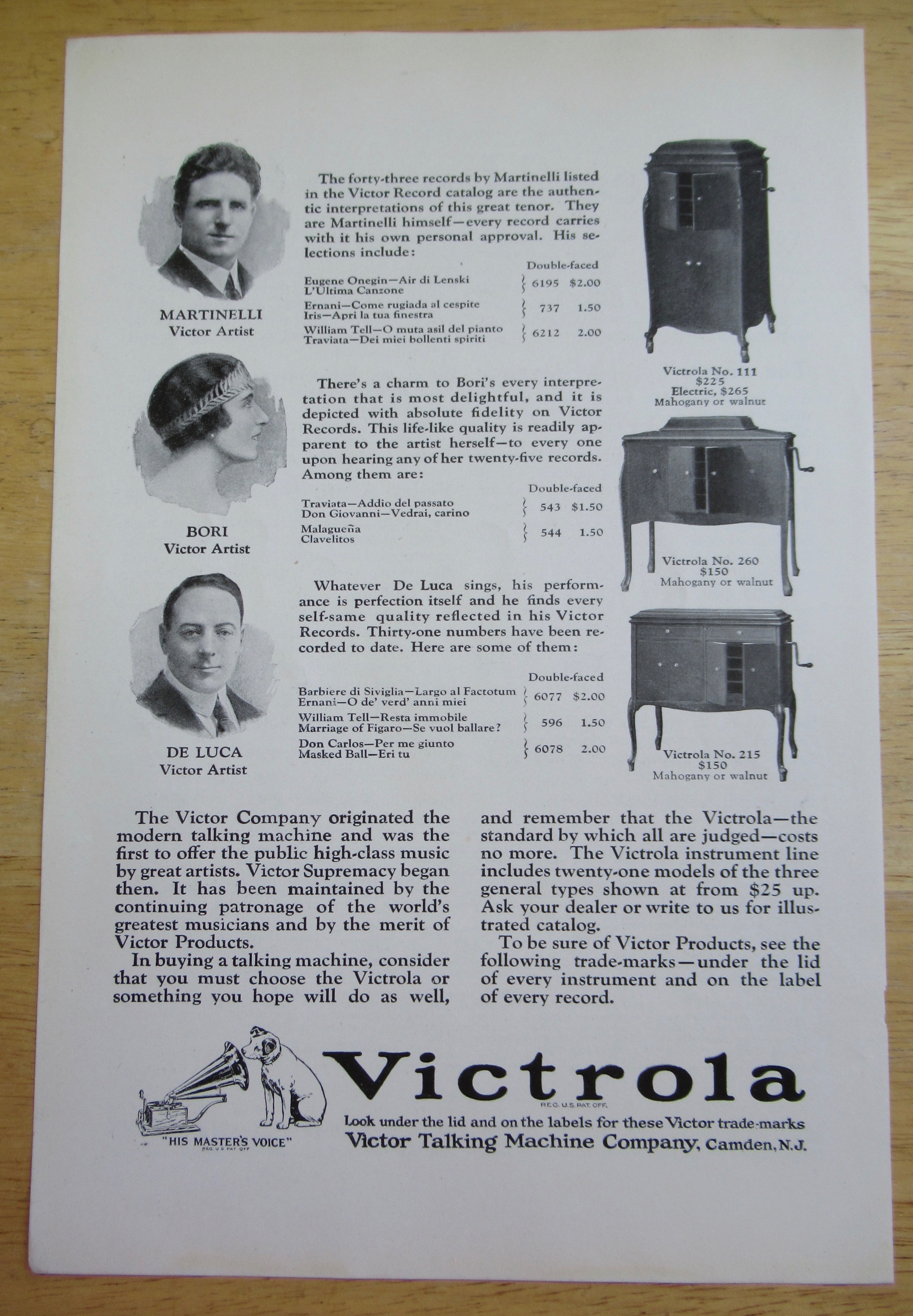 1924 Victrola Talking Machines w/ Bori, De Luca & More