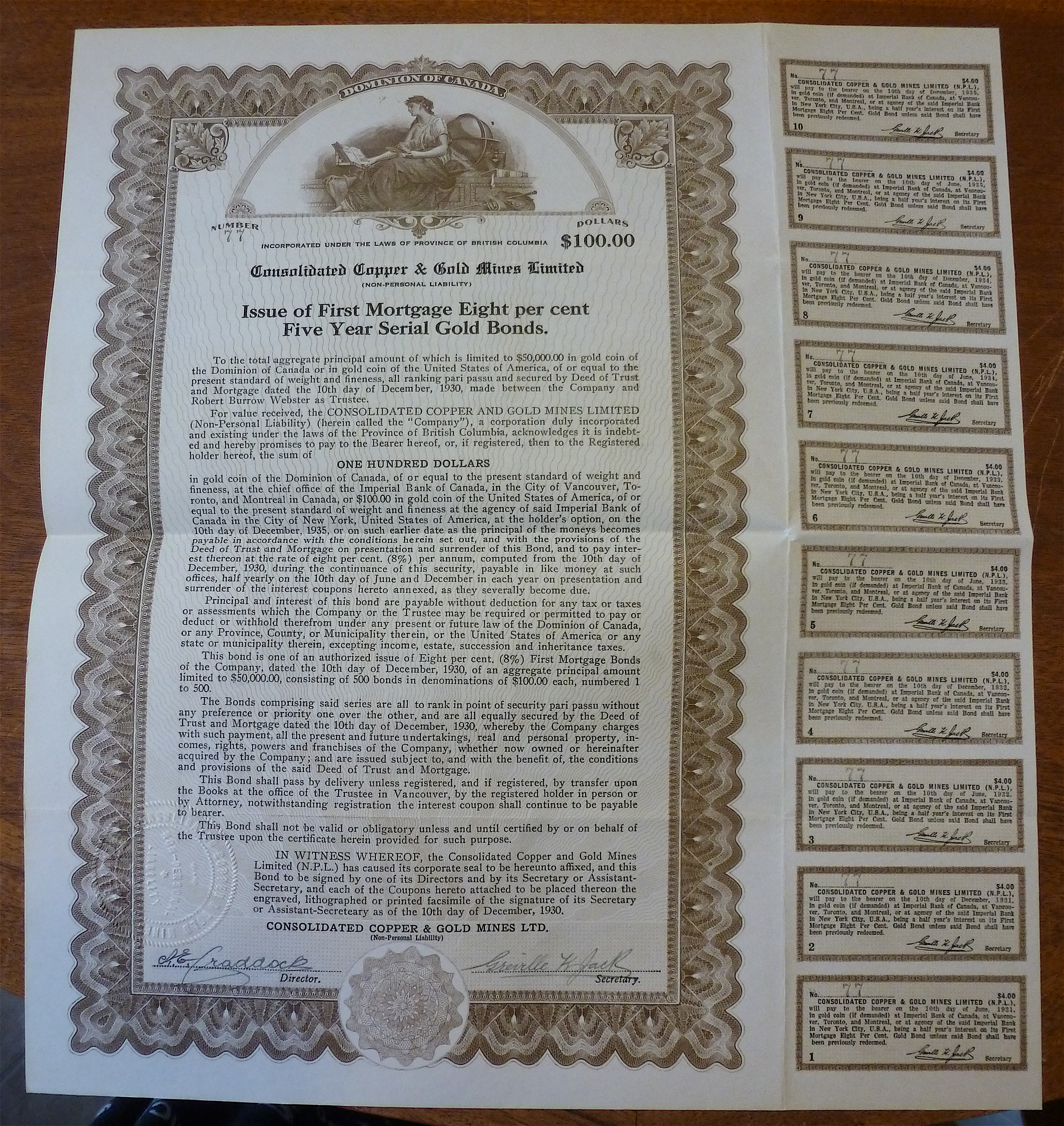 Consolidated Copper & Gold Mines LTD. Stock Certificate