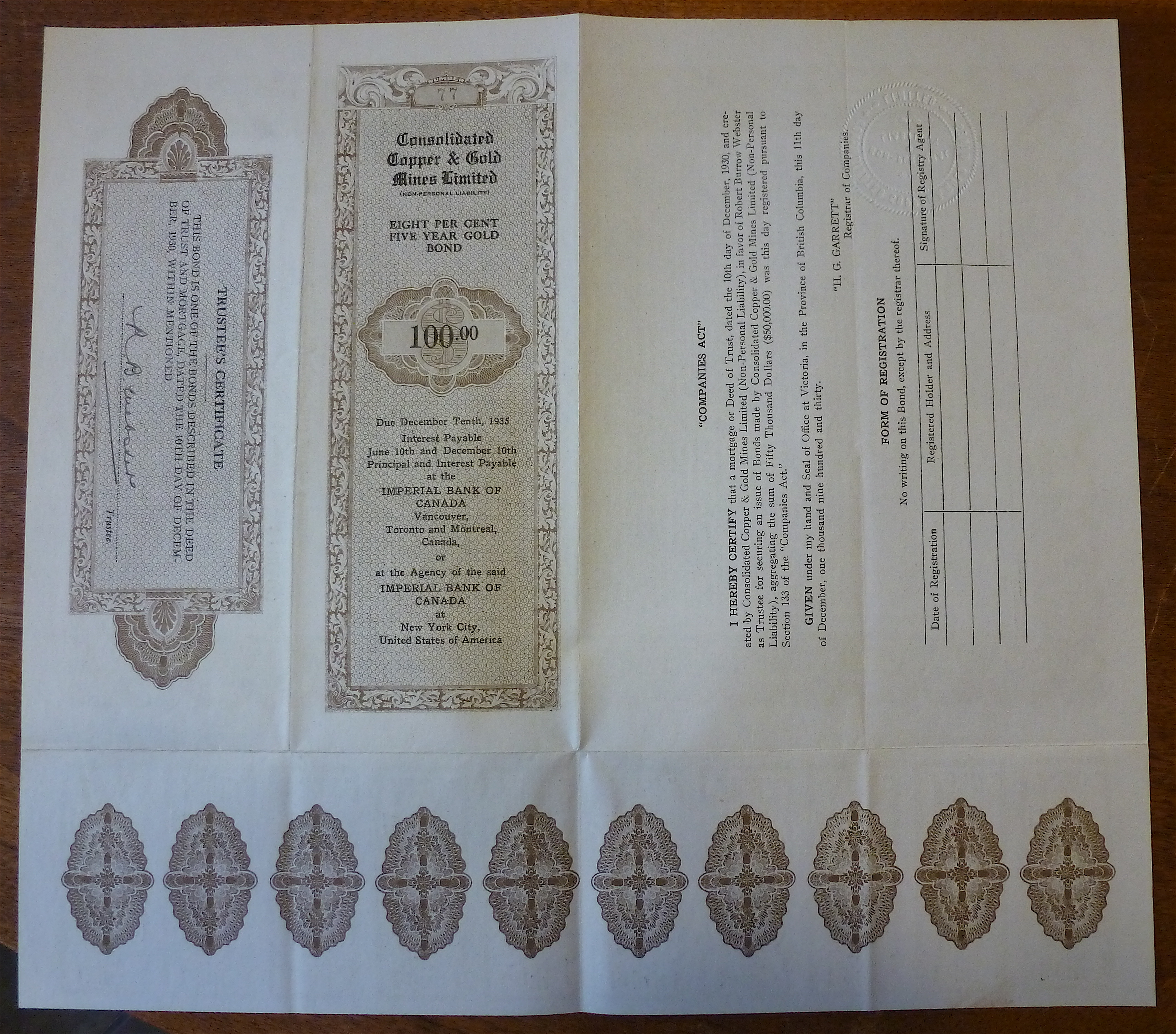 Consolidated Copper & Gold Mines LTD. Stock Certificate