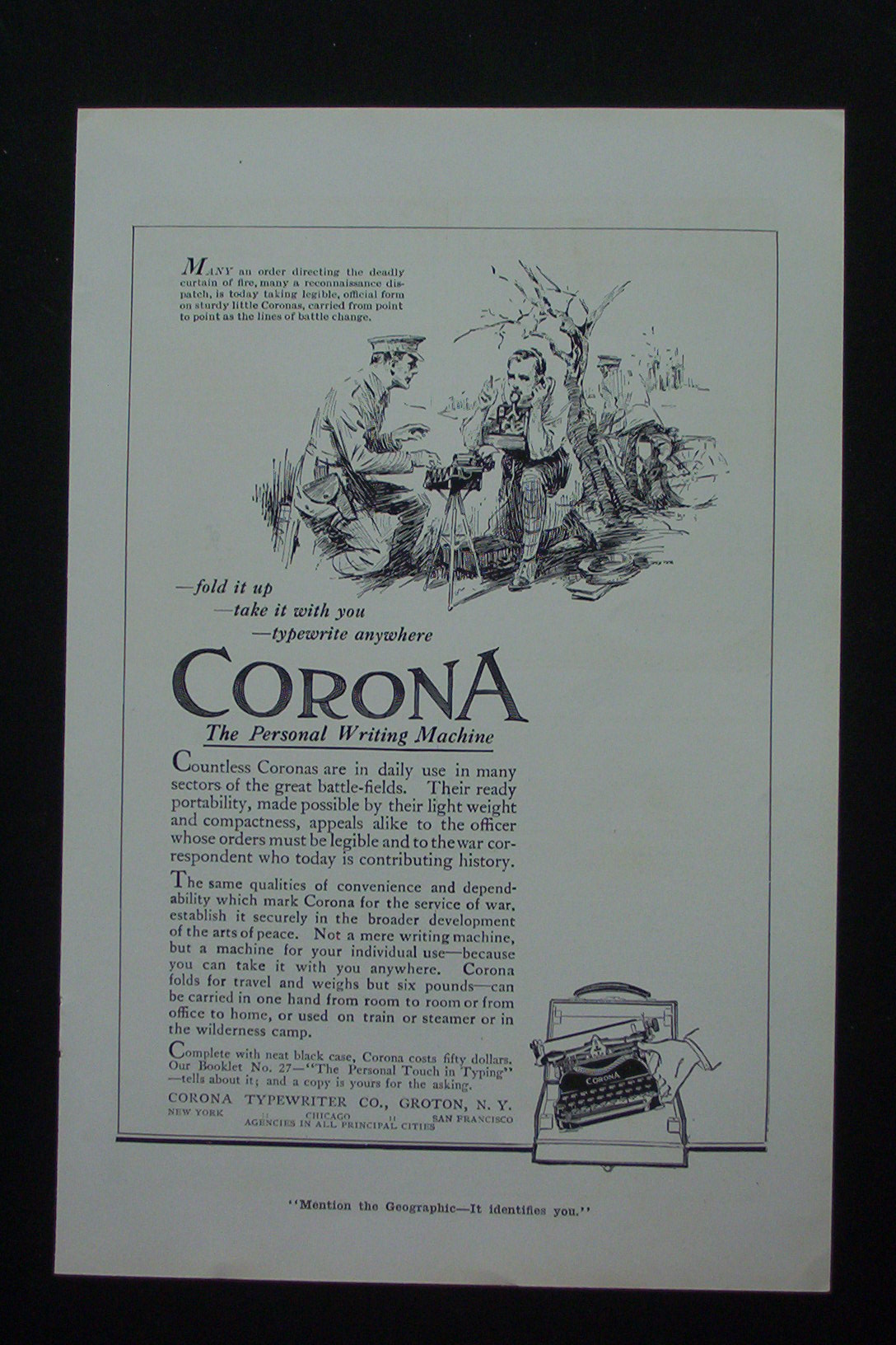 1917 Corona Personal Writing Machine with Two Men