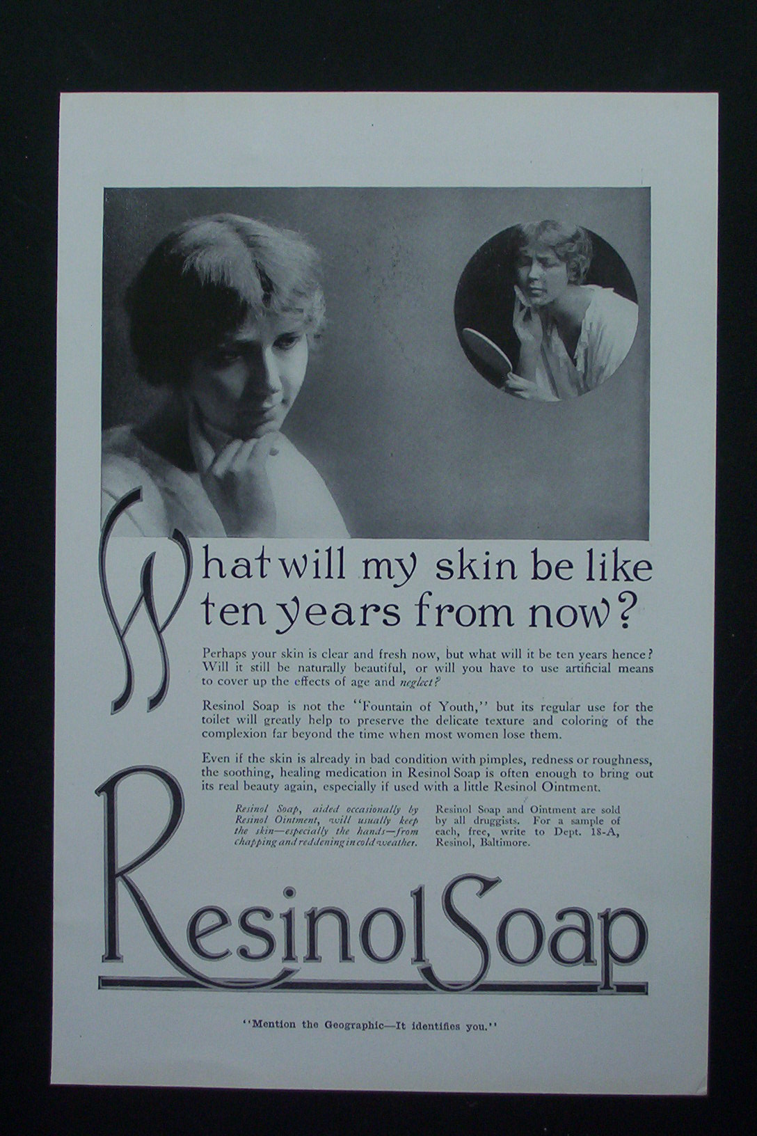 1917 Resinol Soap with Woman Looking in Mirror