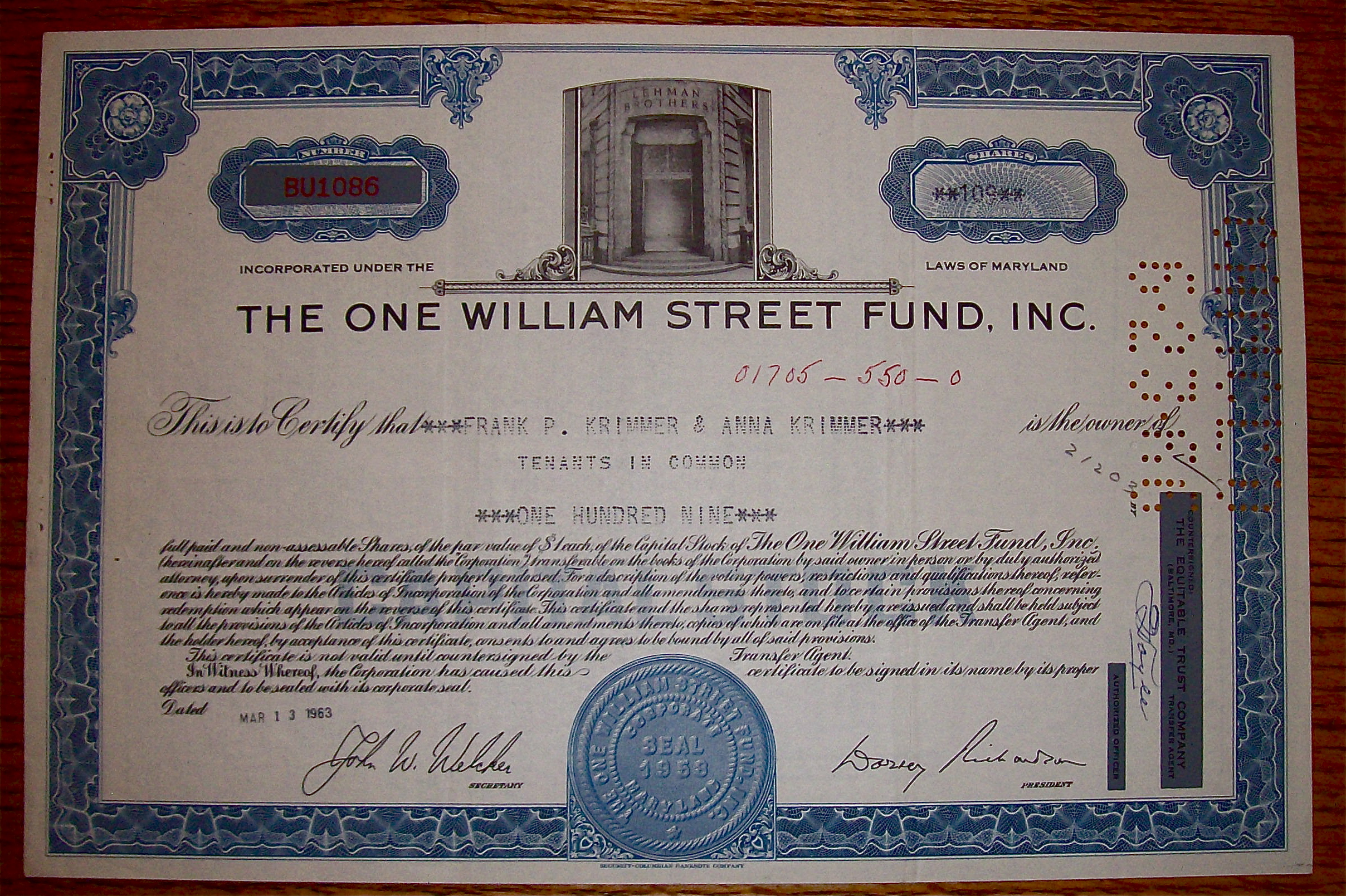 1963 One William Street Fund Inc. Stock Certificate
