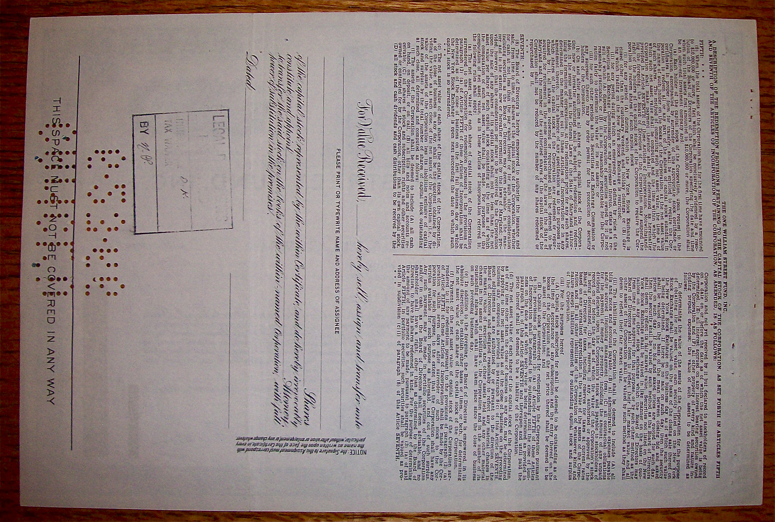 1963 One William Street Fund Inc. Stock Certificate