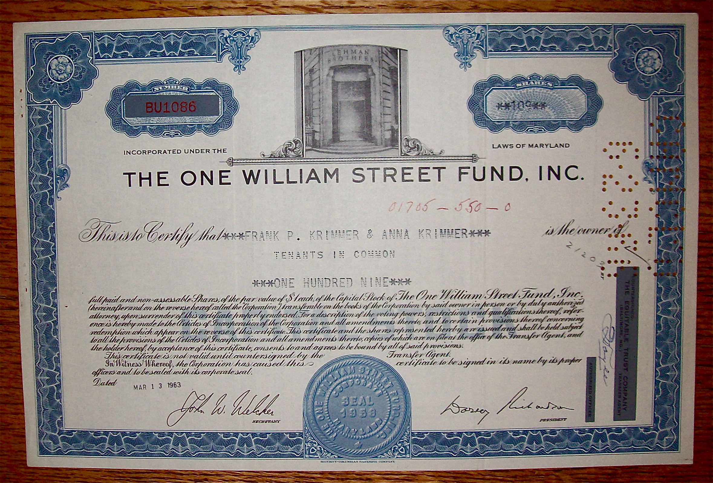1963 One William Street Fund Inc. Stock Certificate