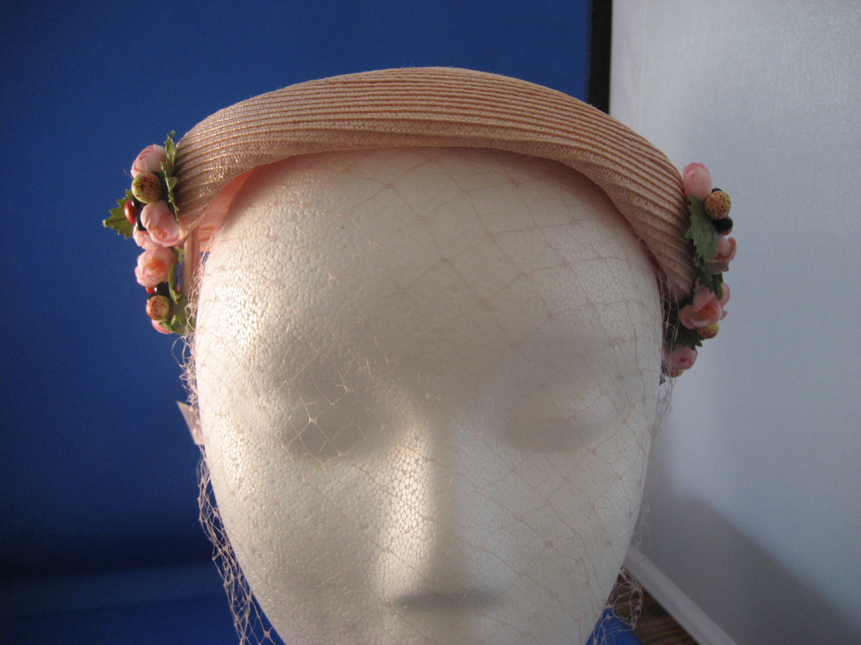 Pink Straw Hat with Flowers and a Net