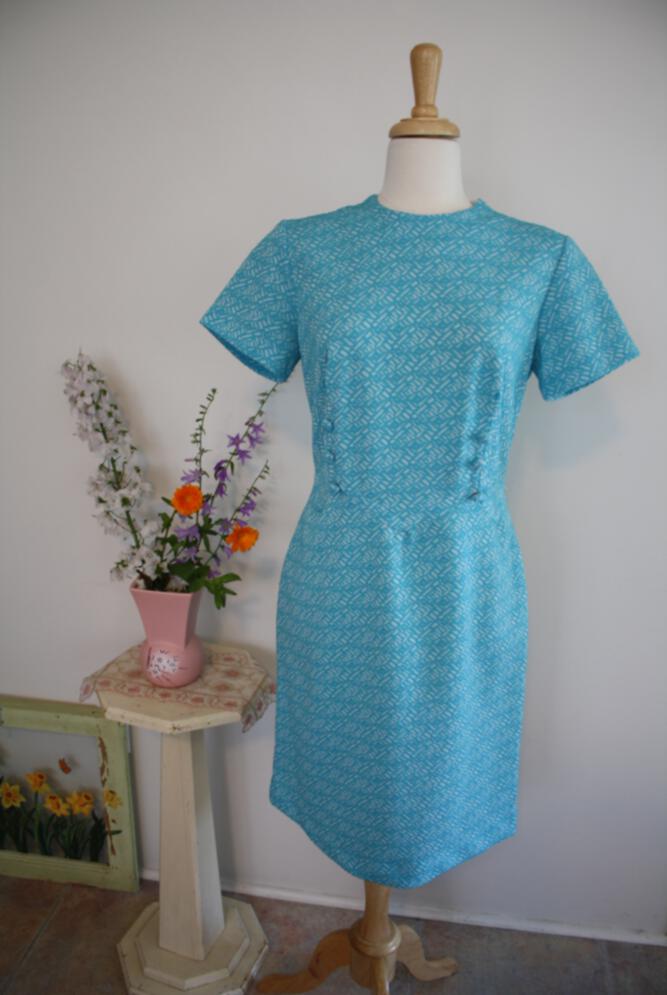 Blue and White Polyester Fitted Dress