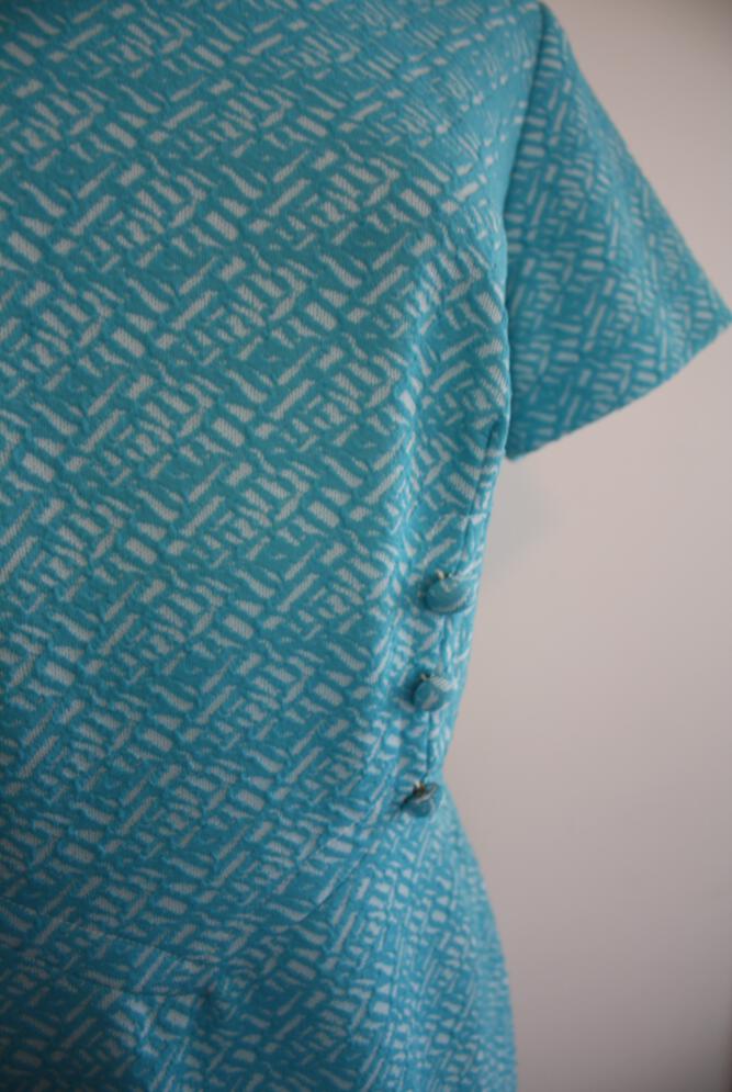 Blue and White Polyester Fitted Dress