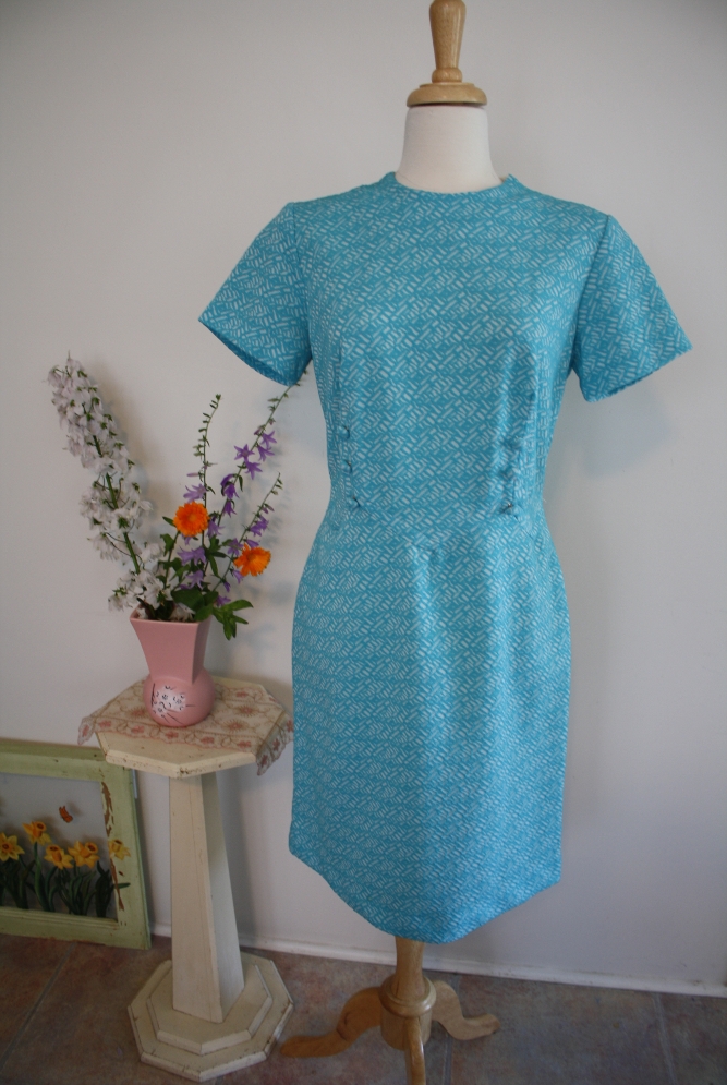 Blue and White Polyester Fitted Dress