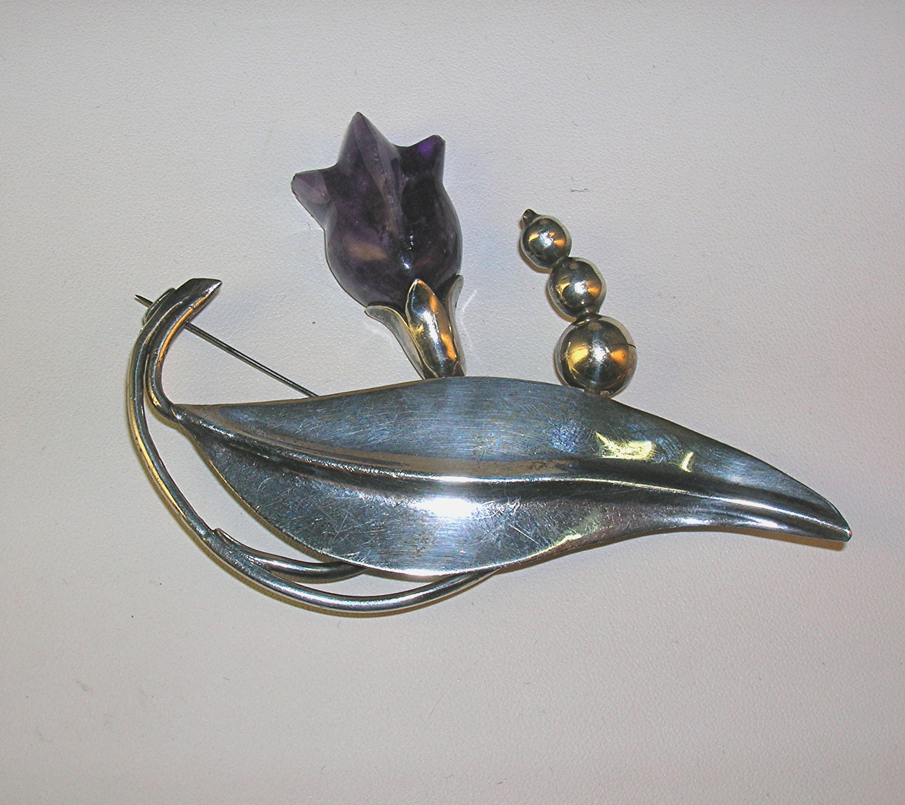 Brooch  Sterling Silver Signed Frederick Davis Amethyst