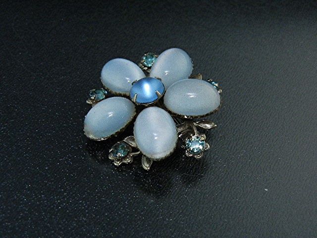 Moonstone Silver Tone Crystal Brooch Pin 60s