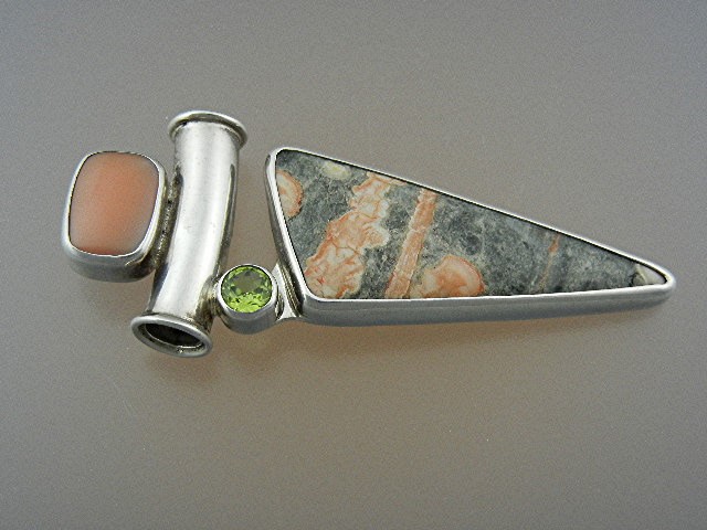 Charles Albert Sterling Silver Coral Peridot Agate Pend
