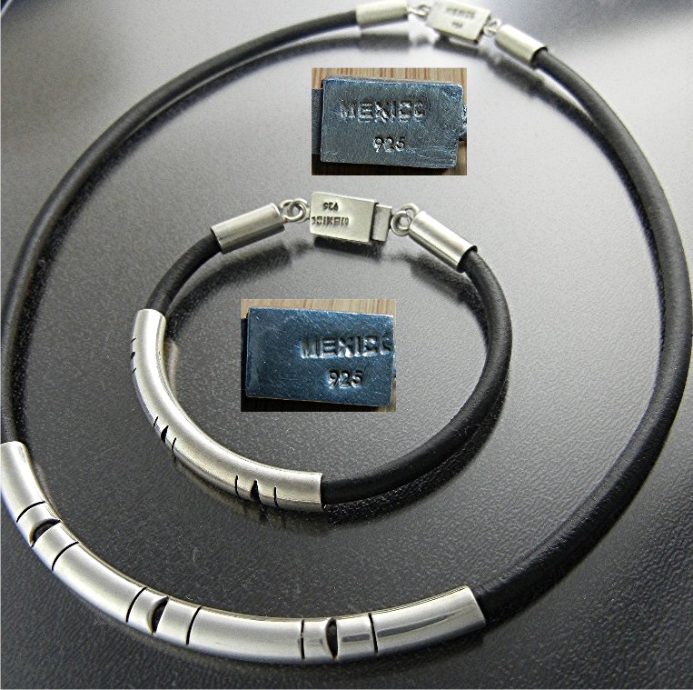 Necklace & Bracelet Sterling Silver Black Leather Mexic