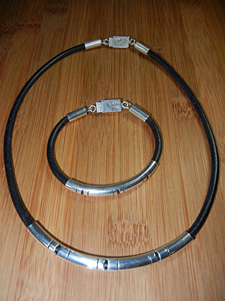 Necklace & Bracelet Sterling Silver Black Leather Mexic