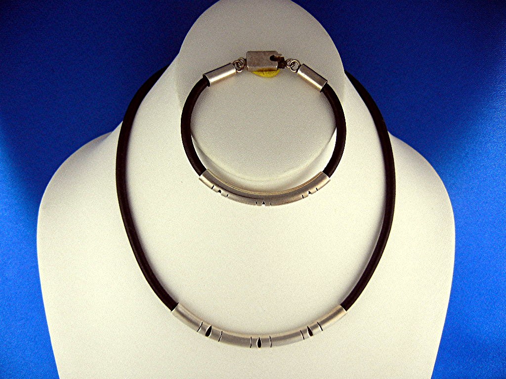 Necklace & Bracelet Sterling Silver Black Leather Mexic