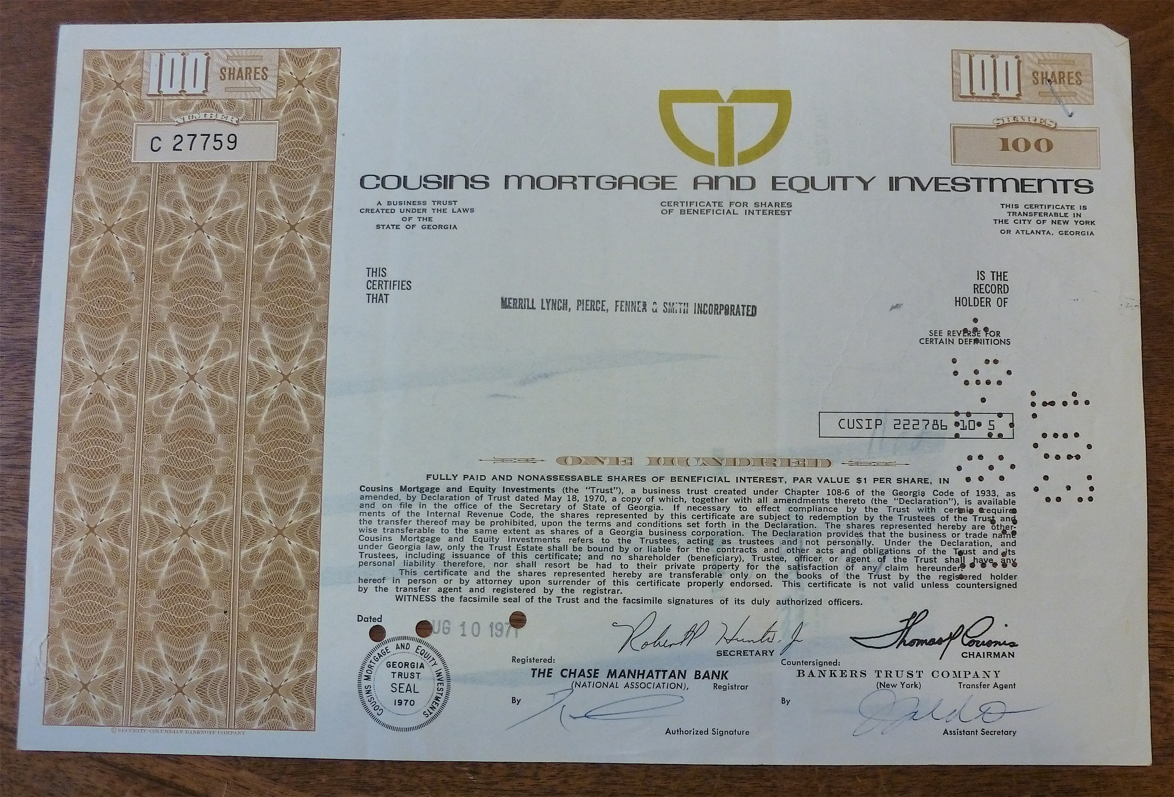 Cousins Mortgage & Equity Investments Stock Certificate