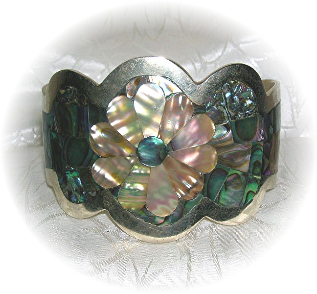 Beautiful Silver & Abalone Flowers Cuff Brace
