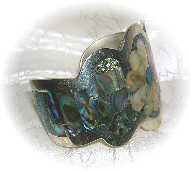 Beautiful Silver & Abalone Flowers Cuff Brace
