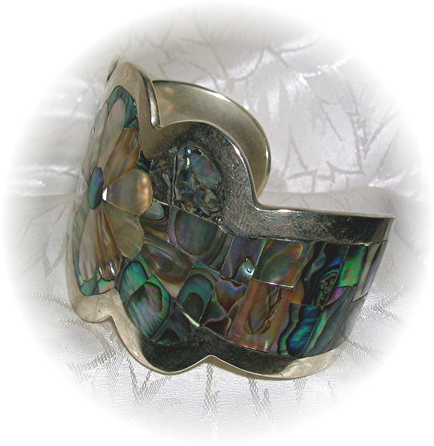 Beautiful Silver & Abalone Flowers Cuff Brace
