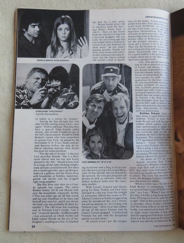 Time Magazine September 25, 1972 The New TV Season: Toppling Old Taboos