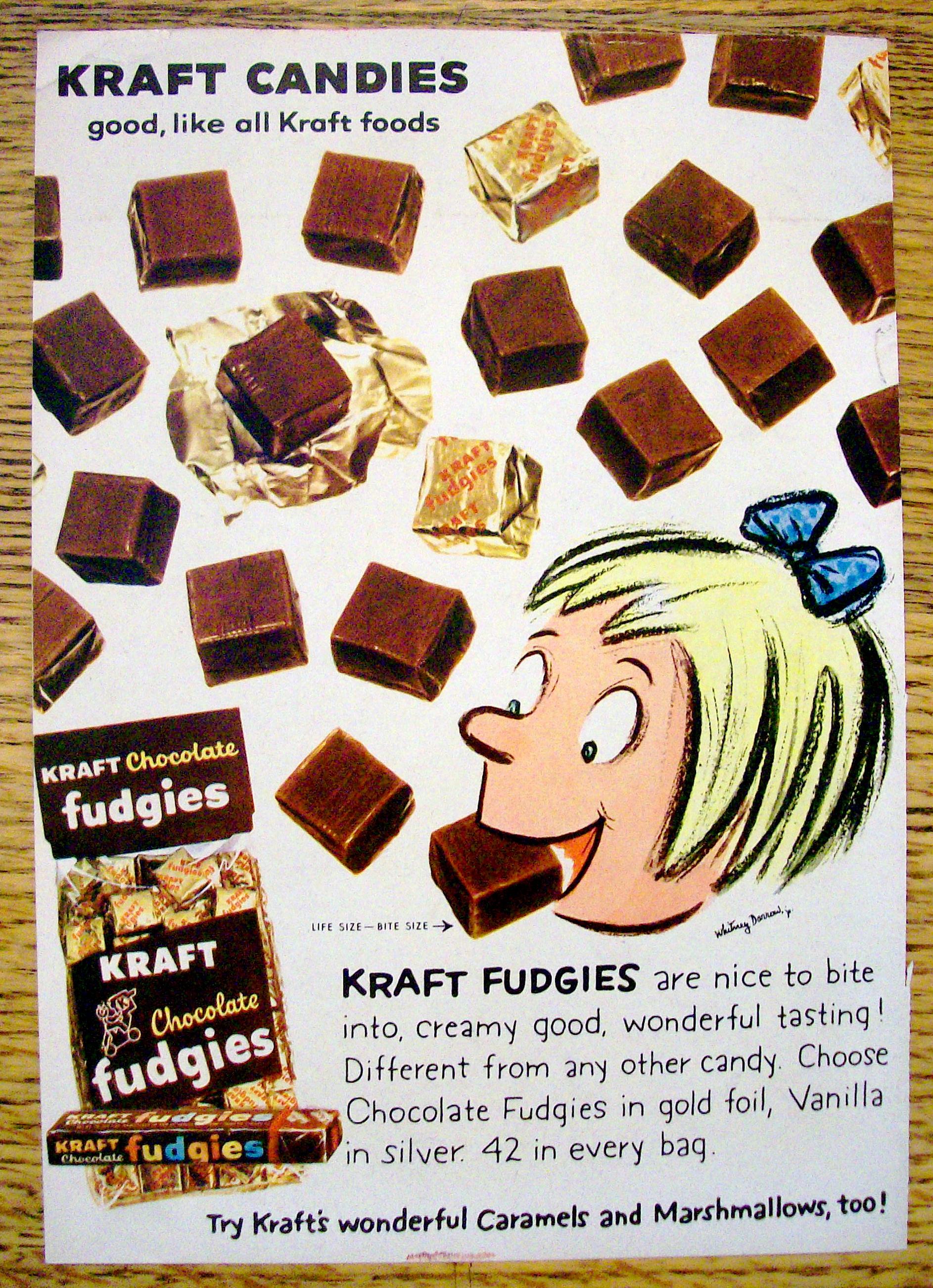 1959 Kraft Chocolate Fudgies with Girl Eating Fudgies