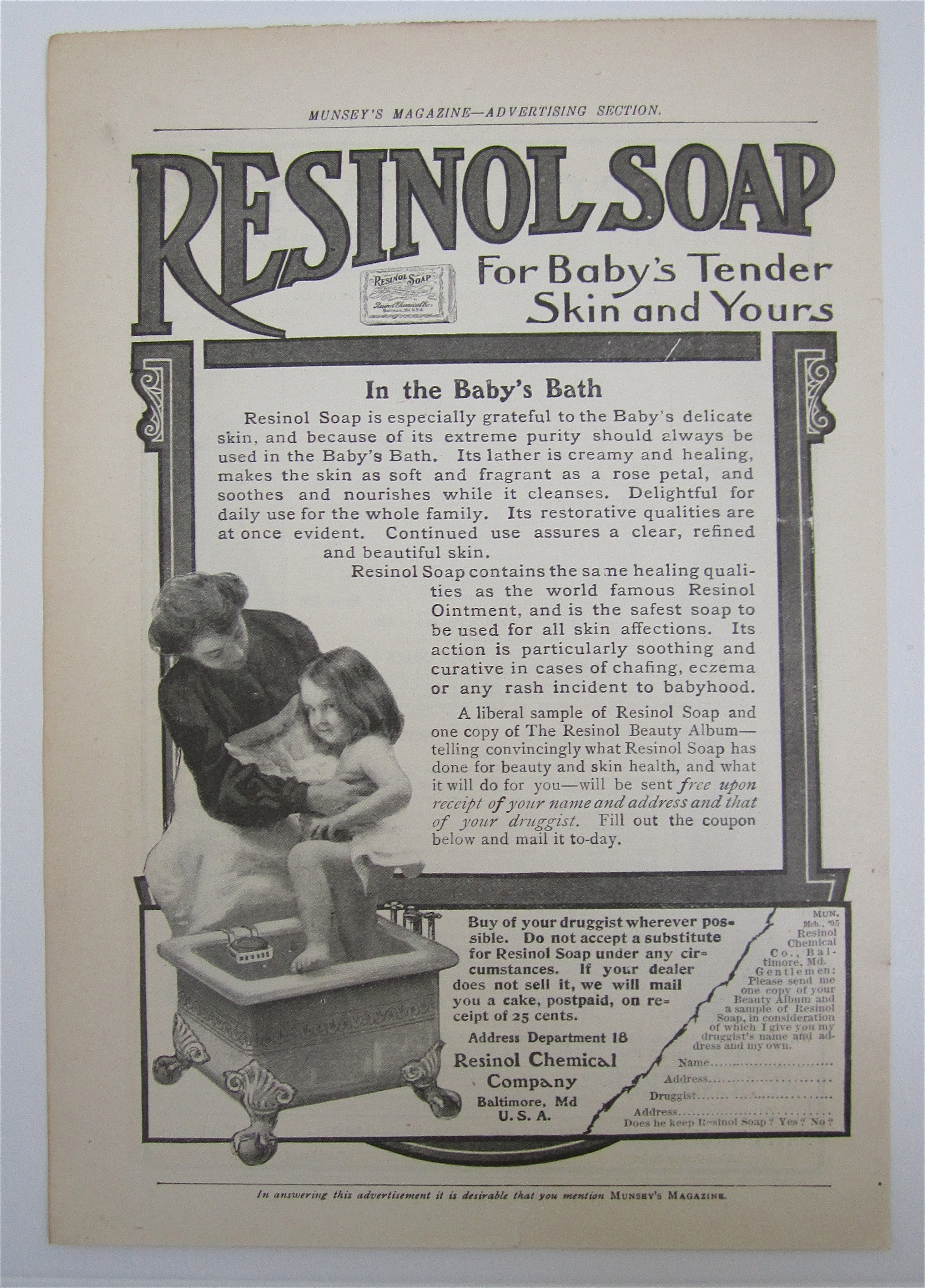 1905 Resinol Soap with Mother Bathing Child
