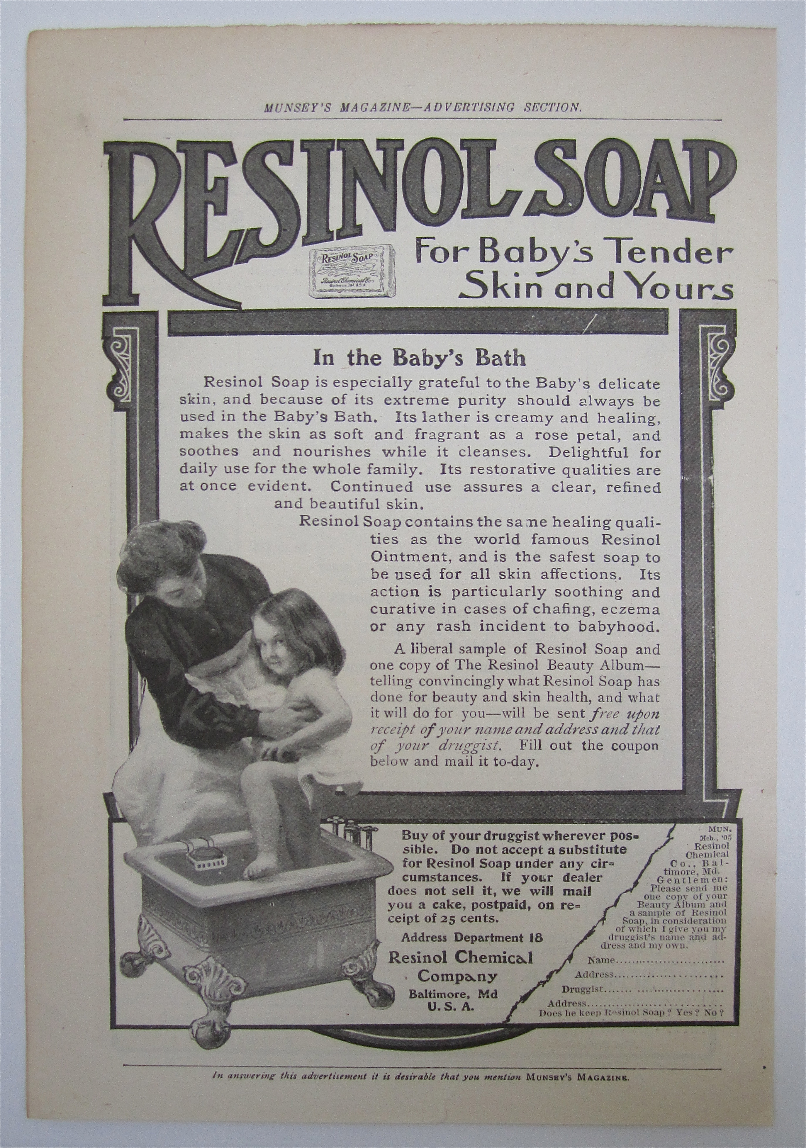 1905 Resinol Soap with Mother Bathing Child