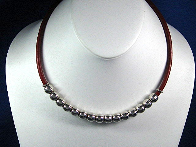 Taxco Mexico Sterling Silver Beads Red Leather Necklace
