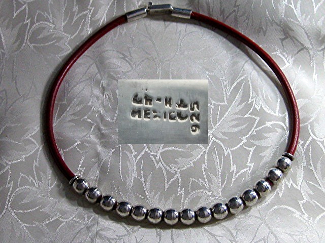 Taxco Mexico Sterling Silver Beads Red Leather Necklace