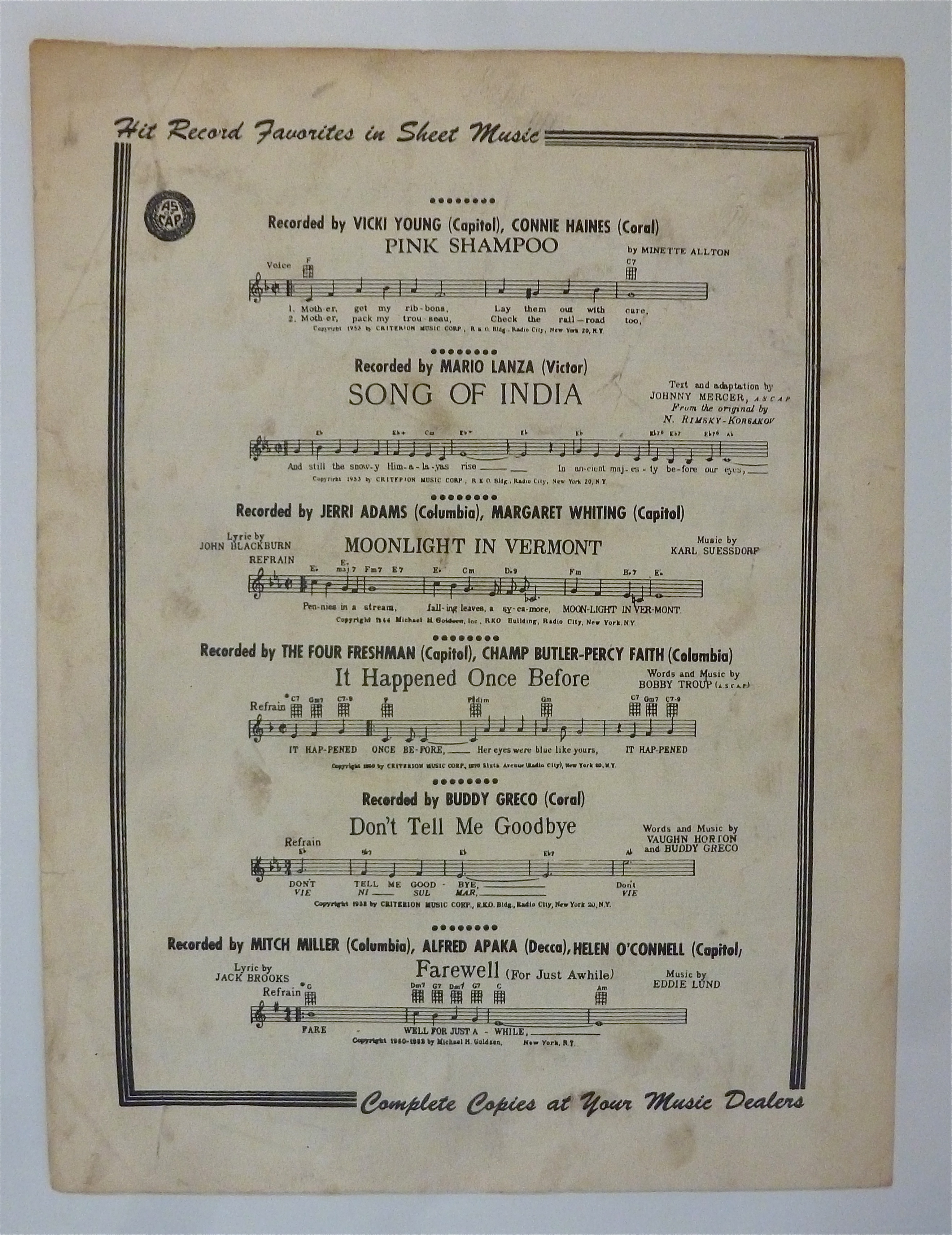 Sheet Music For 1945 Moonlight In Vermont