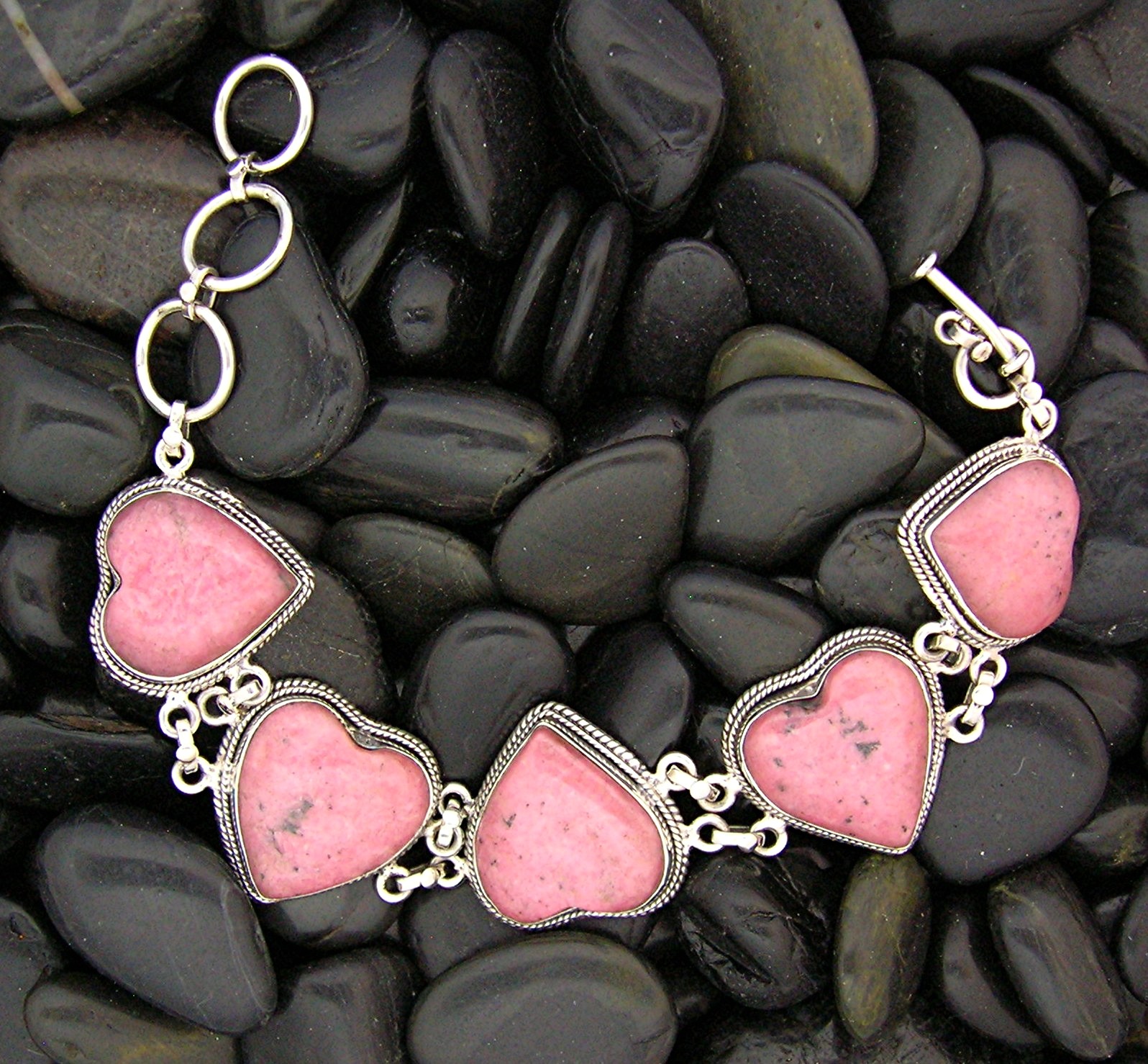 Sterling Silver Pink Rhodonite Hearts Bracelet