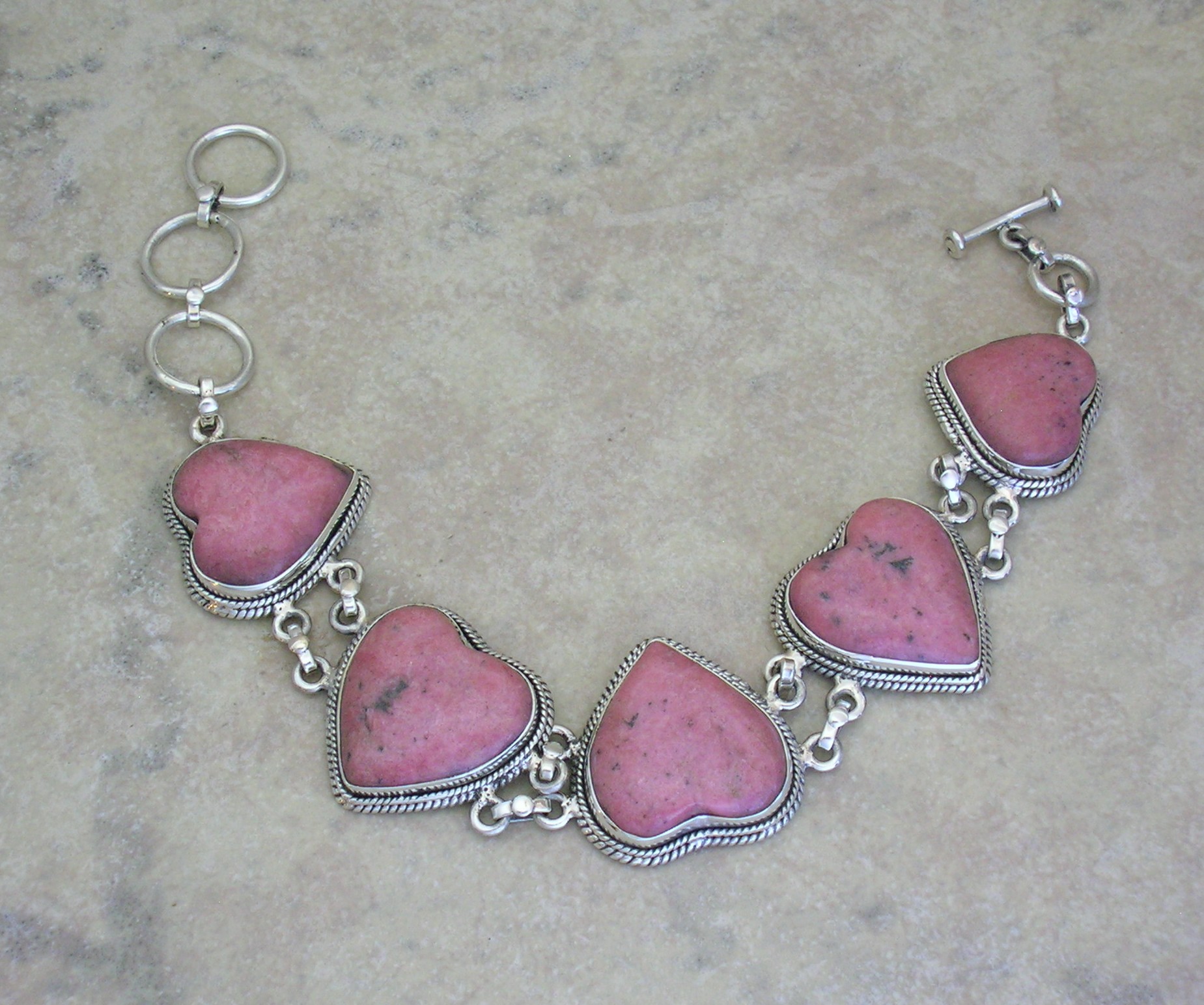 Sterling Silver Pink Rhodonite Hearts Bracelet