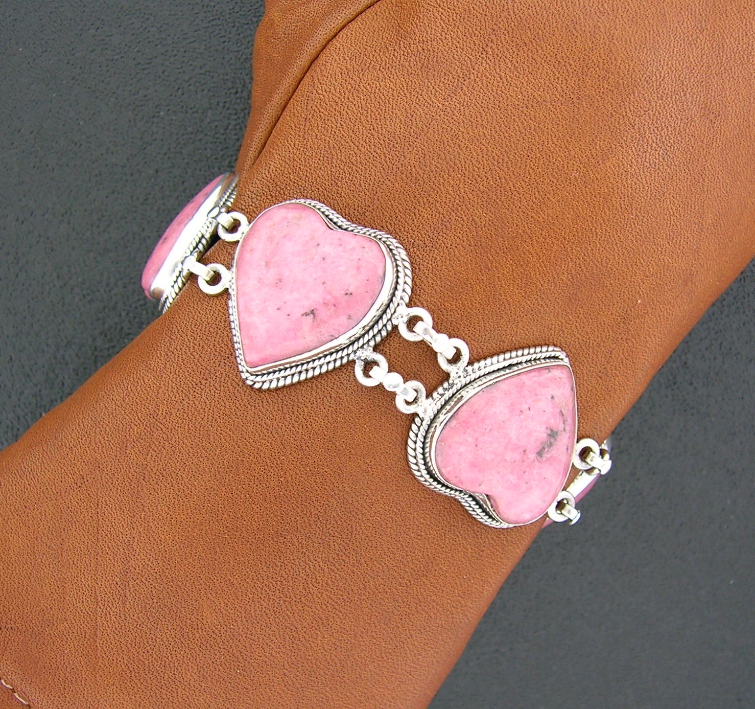 Sterling Silver Pink Rhodonite Hearts Bracelet