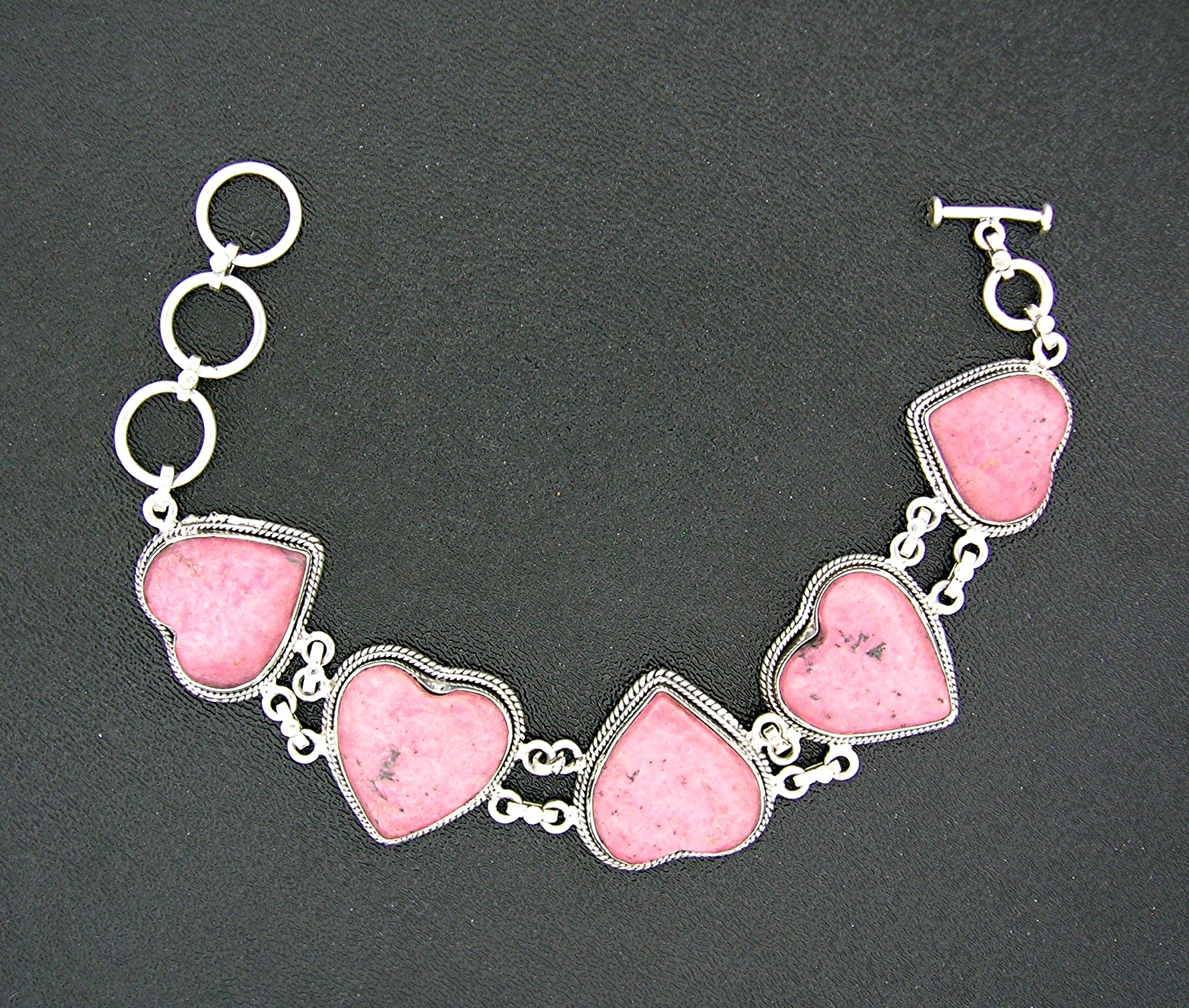 Sterling Silver Pink Rhodonite Hearts Bracelet