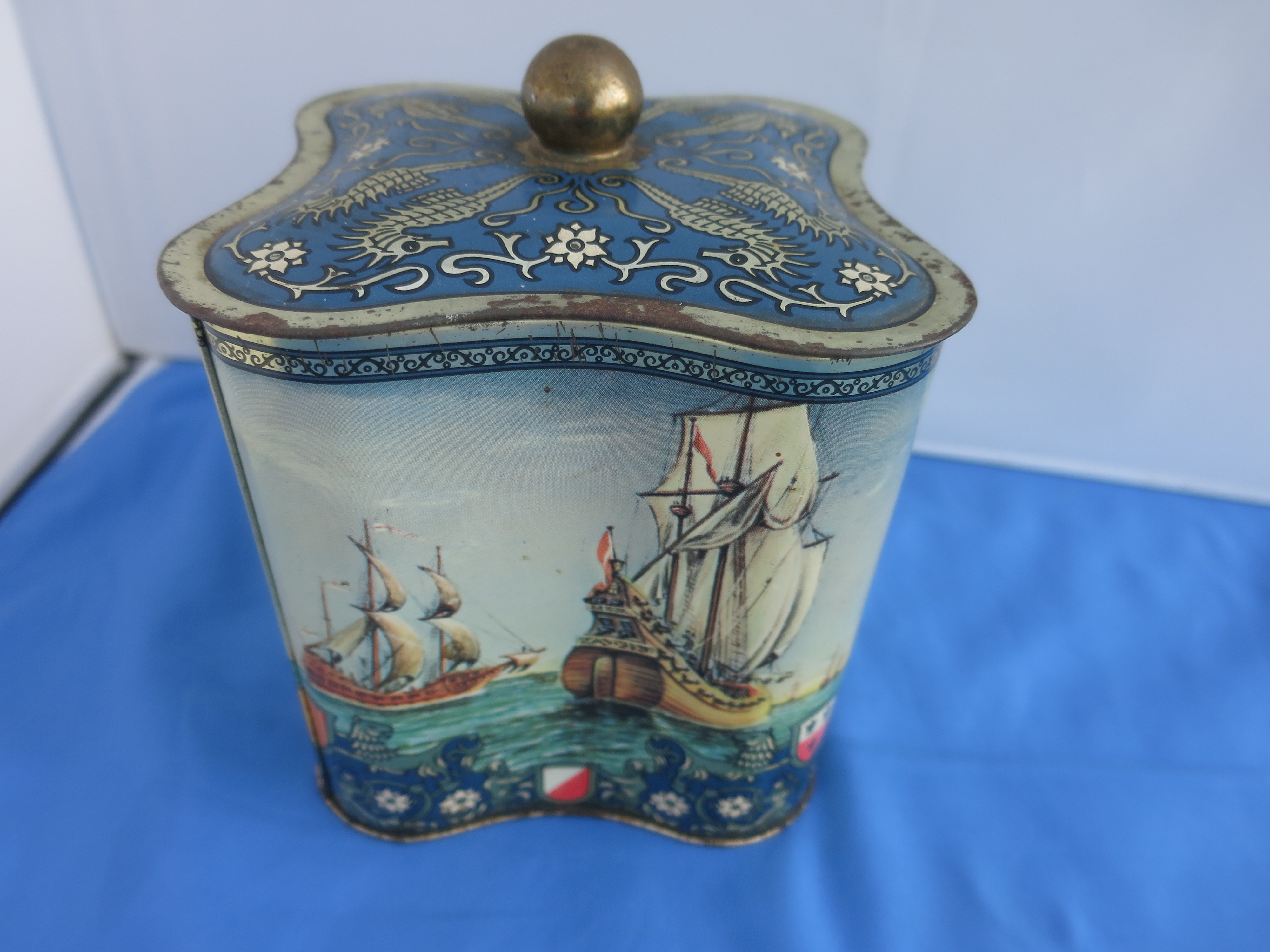 English Biscuit Tin with Sailboats