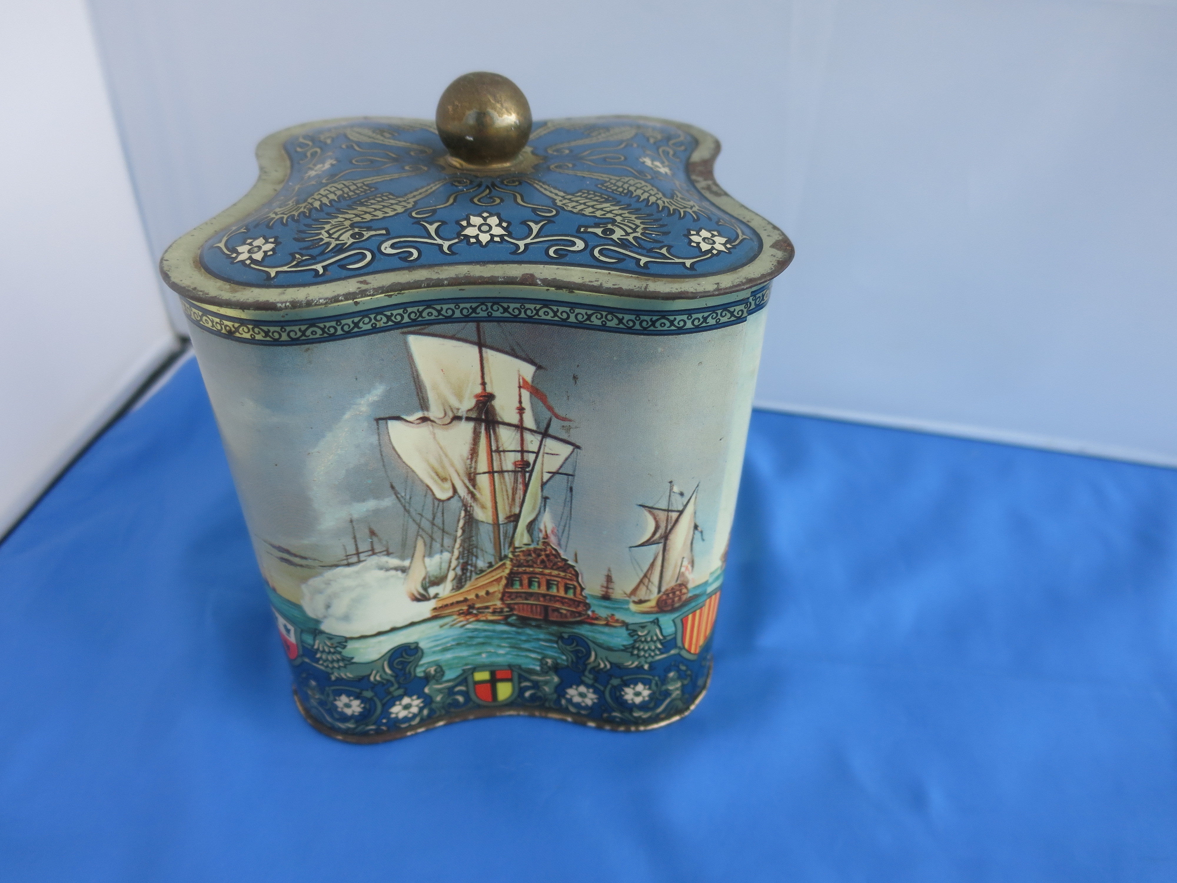English Biscuit Tin with Sailboats