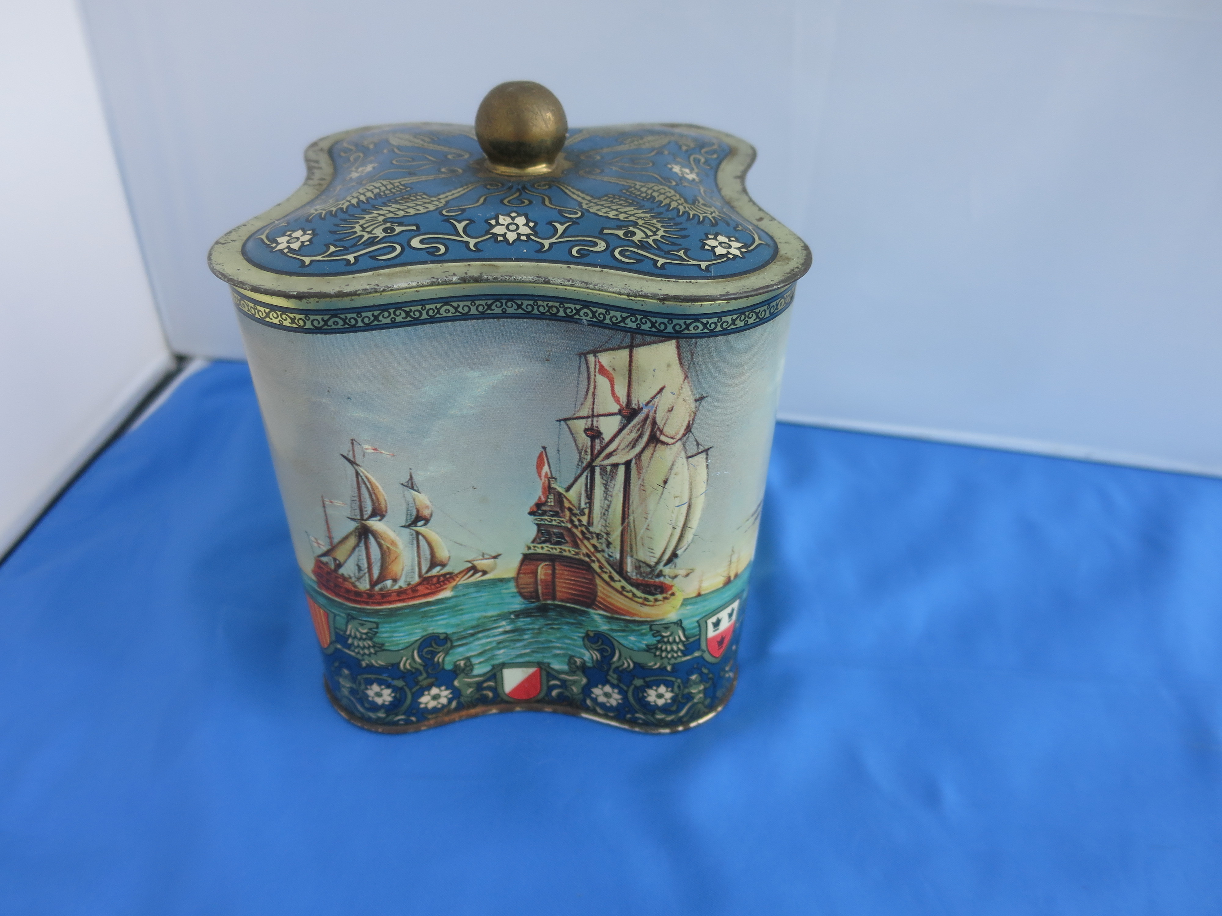 English Biscuit Tin with Sailboats