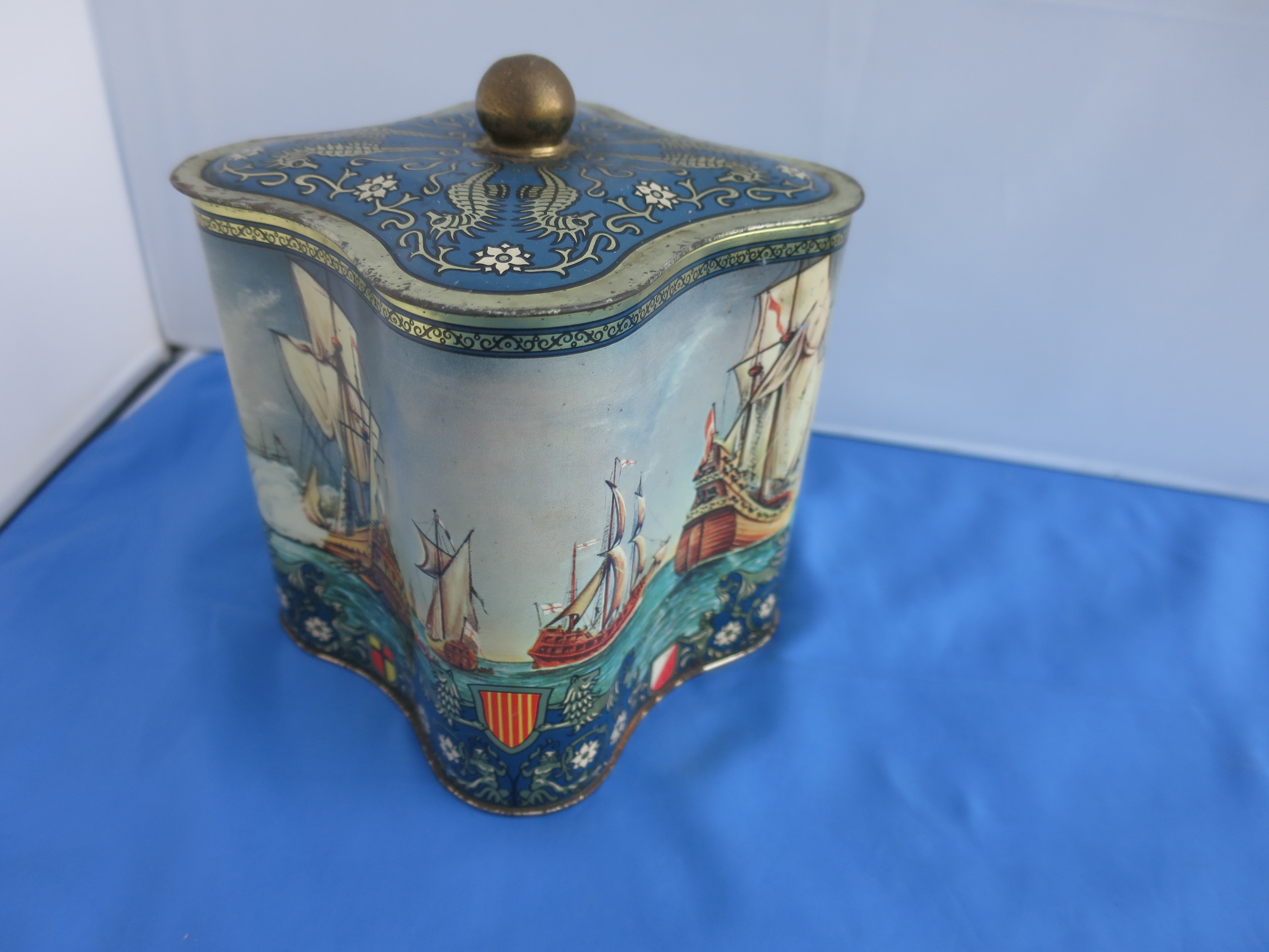 English Biscuit Tin with Sailboats